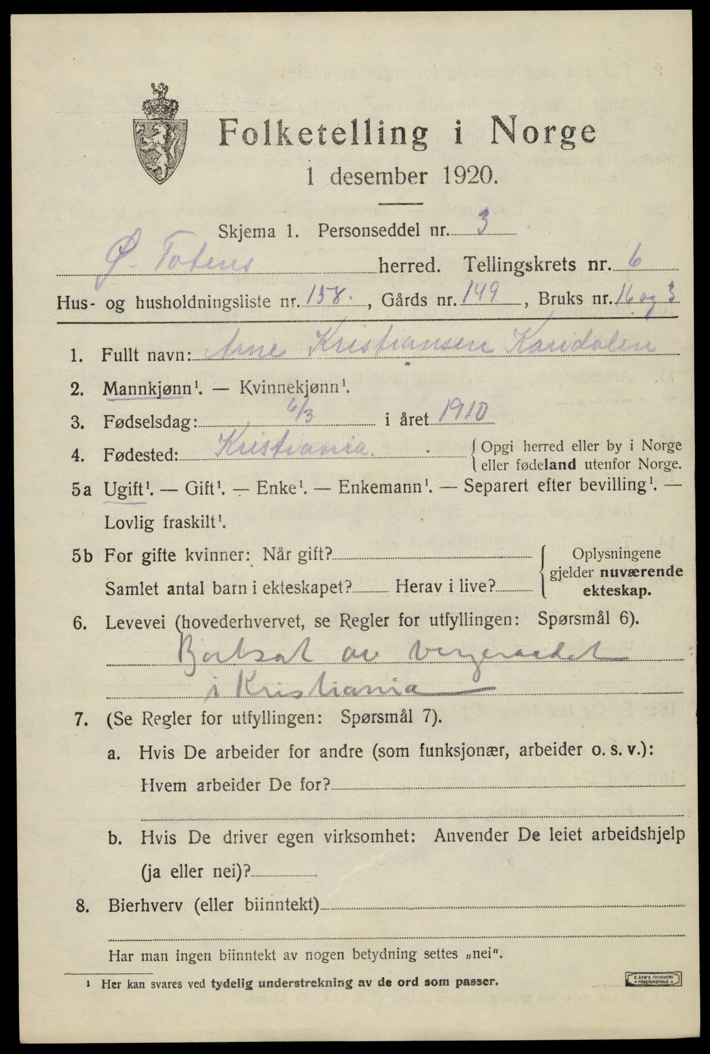 SAH, Folketelling 1920 for 0528 Østre Toten herred, 1920, s. 14982