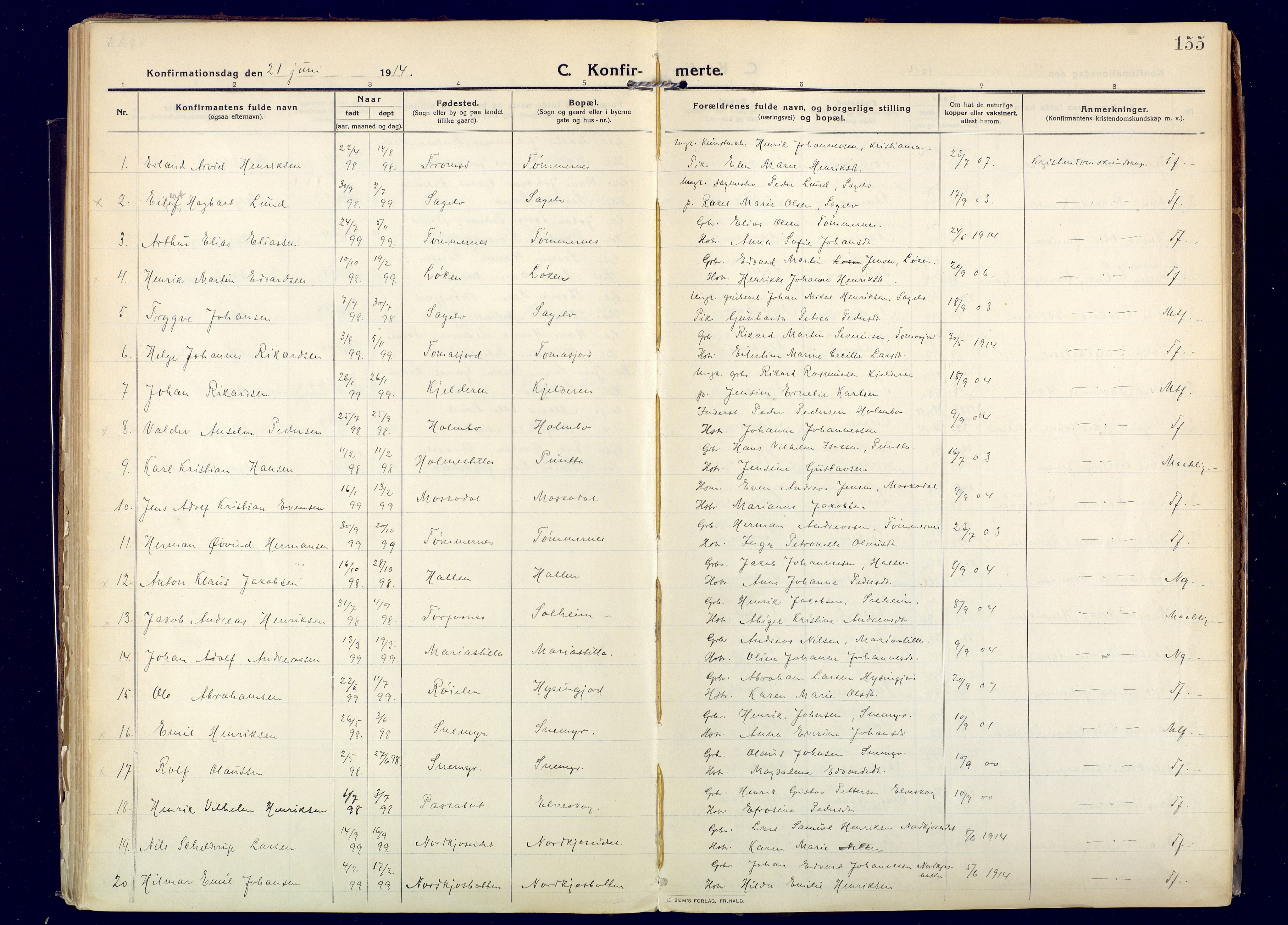 Skjervøy sokneprestkontor, AV/SATØ-S-1300/H/Ha/Haa: Ministerialbok nr. 20, 1911-1931, s. 155