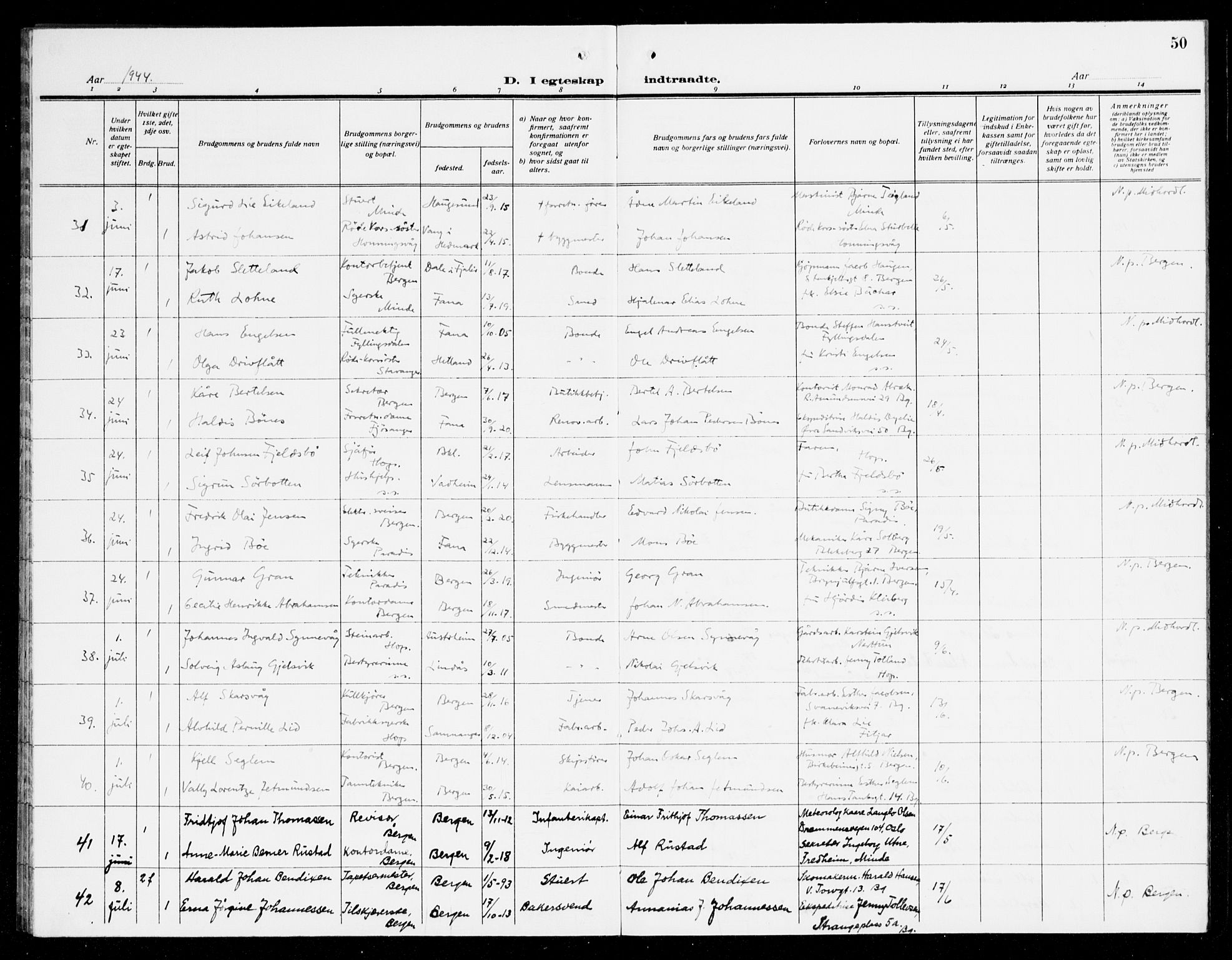 Fana Sokneprestembete, AV/SAB-A-75101/H/Haa/Haak/L0003: Ministerialbok nr. K 3, 1938-1944, s. 50