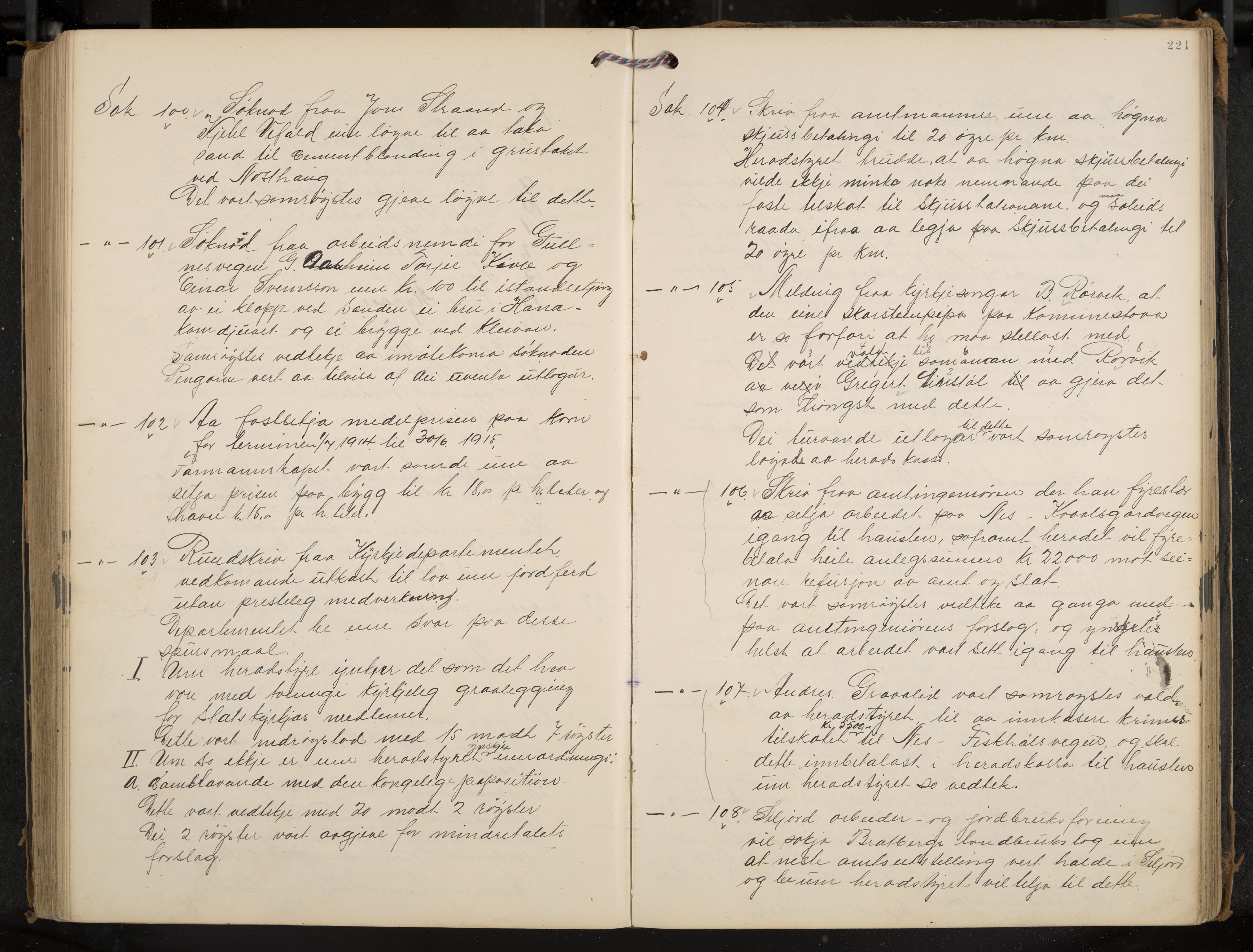 Seljord formannskap og sentraladministrasjon, IKAK/0828021/A/Aa/L0004: Møtebok med register, 1906-1917, s. 221