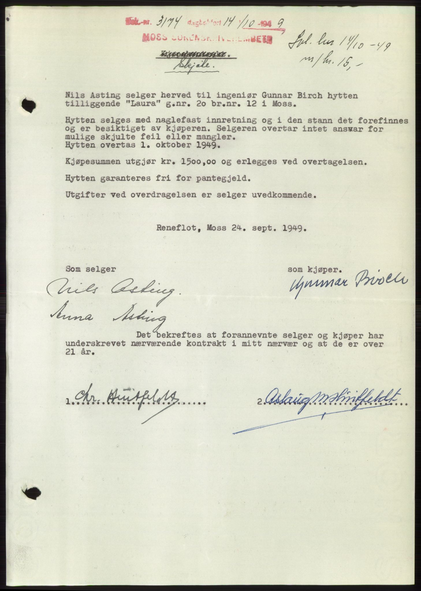 Moss sorenskriveri, SAO/A-10168: Pantebok nr. B23, 1949-1950, Dagboknr: 3174/1949