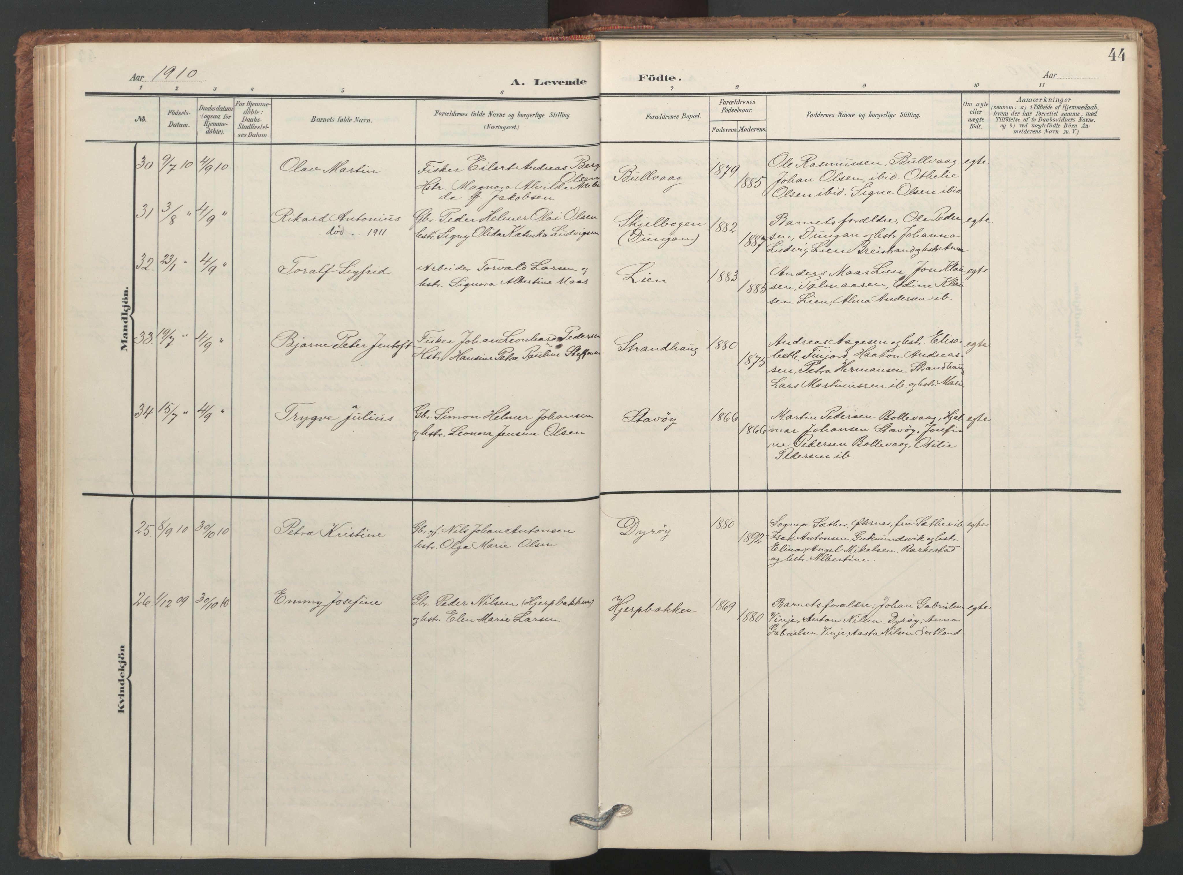 Ministerialprotokoller, klokkerbøker og fødselsregistre - Nordland, AV/SAT-A-1459/893/L1339: Ministerialbok nr. 893A11, 1904-1914, s. 44