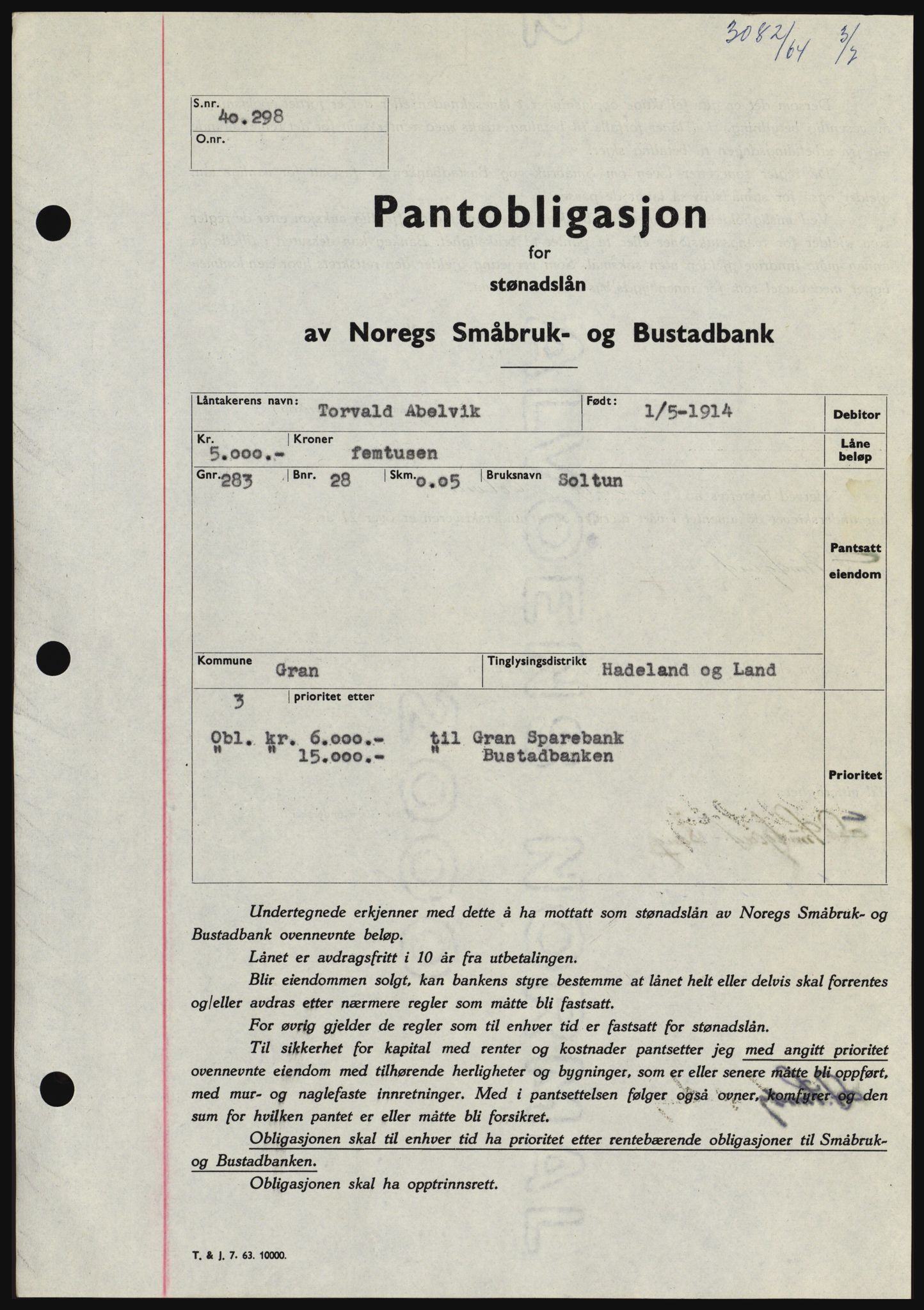 Hadeland og Land tingrett, SAH/TING-010/H/Hb/Hbc/L0055: Pantebok nr. B55, 1964-1964, Dagboknr: 3082/1964