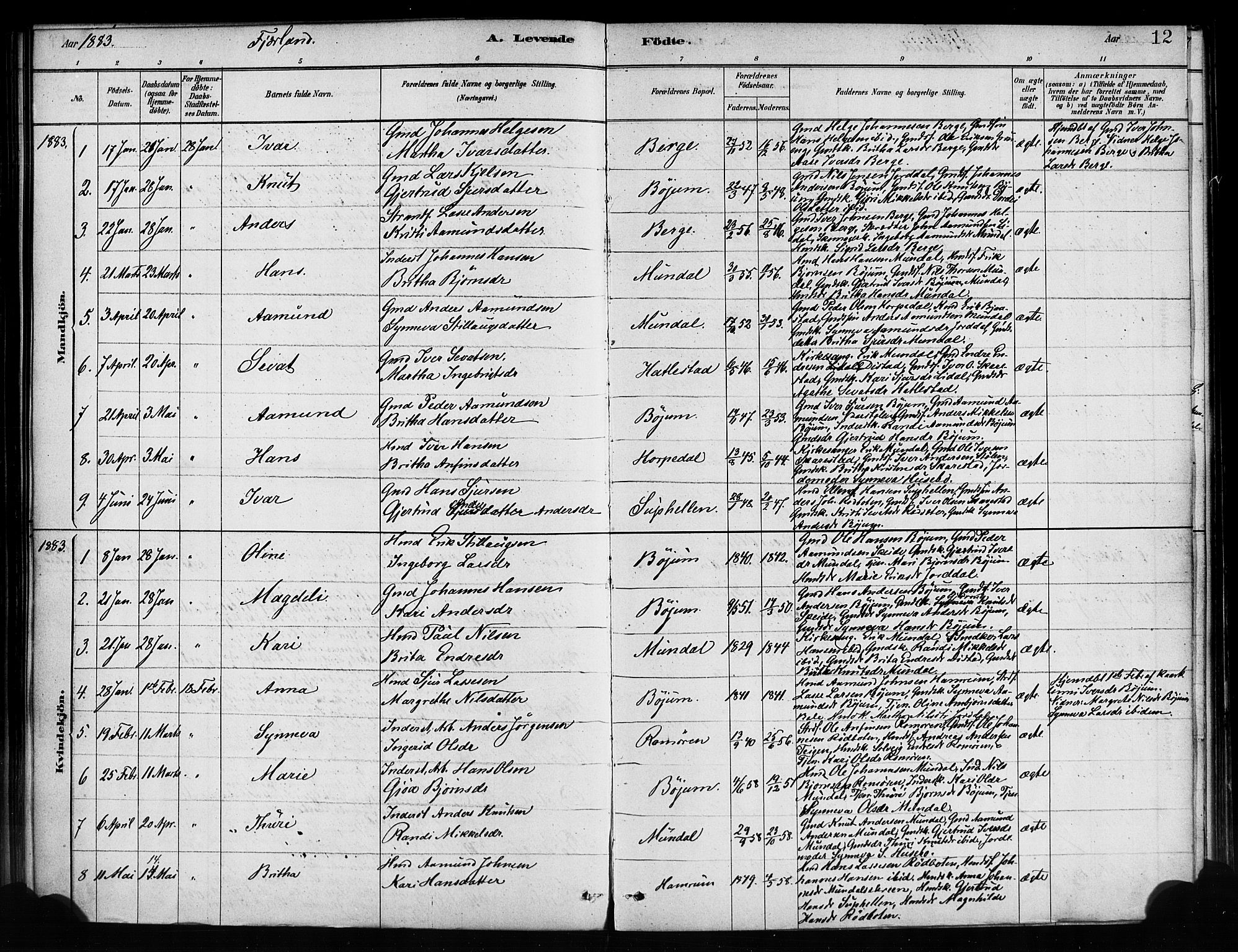 Balestrand sokneprestembete, AV/SAB-A-79601/H/Haa/Haaa/L0004: Ministerialbok nr. A 4 / 2, 1879-1888, s. 12