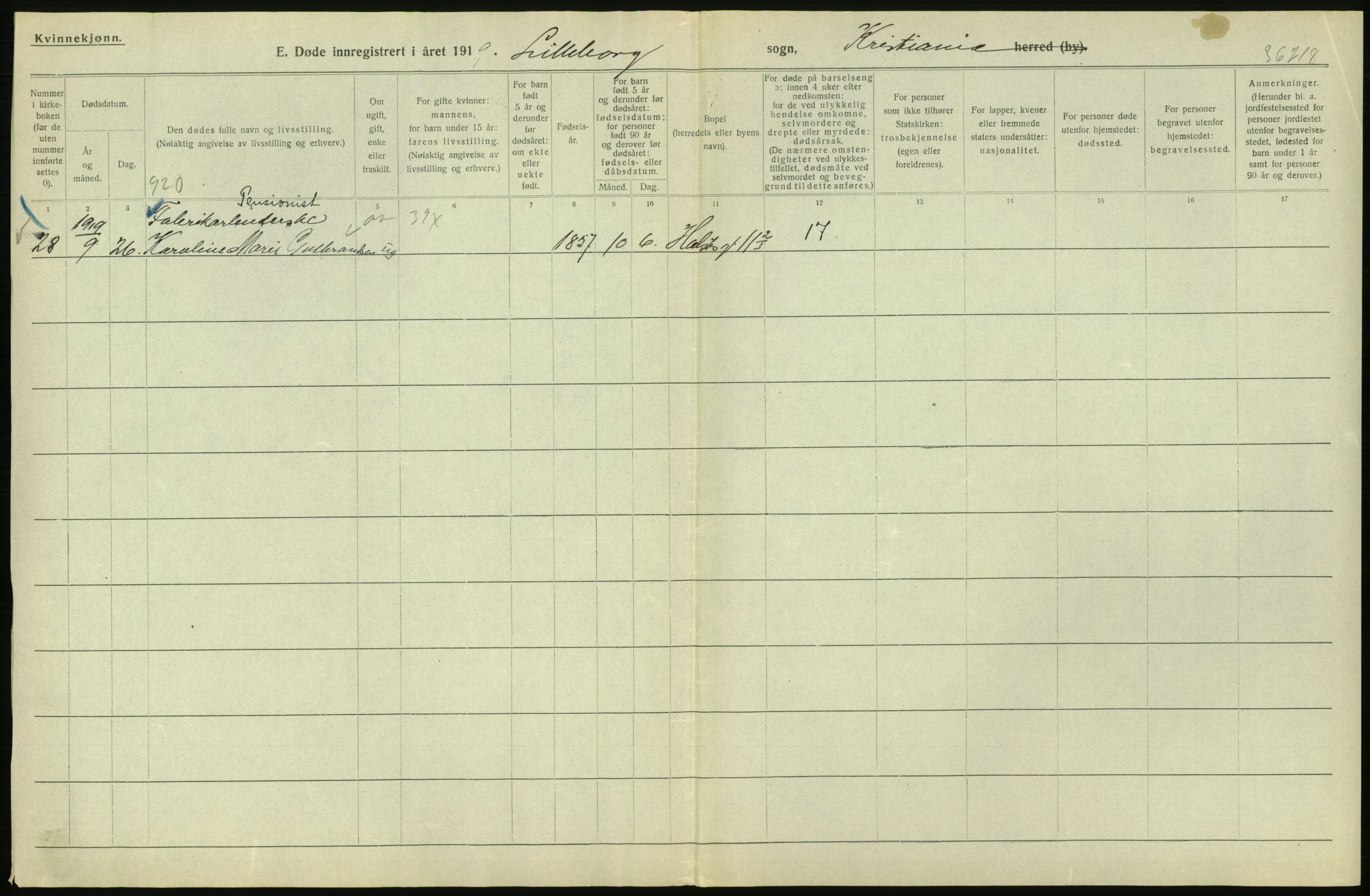 Statistisk sentralbyrå, Sosiodemografiske emner, Befolkning, RA/S-2228/D/Df/Dfb/Dfbi/L0010: Kristiania: Døde, 1919, s. 264