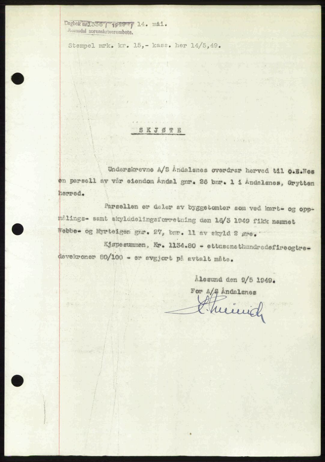 Romsdal sorenskriveri, SAT/A-4149/1/2/2C: Pantebok nr. A29, 1949-1949, Dagboknr: 1336/1949