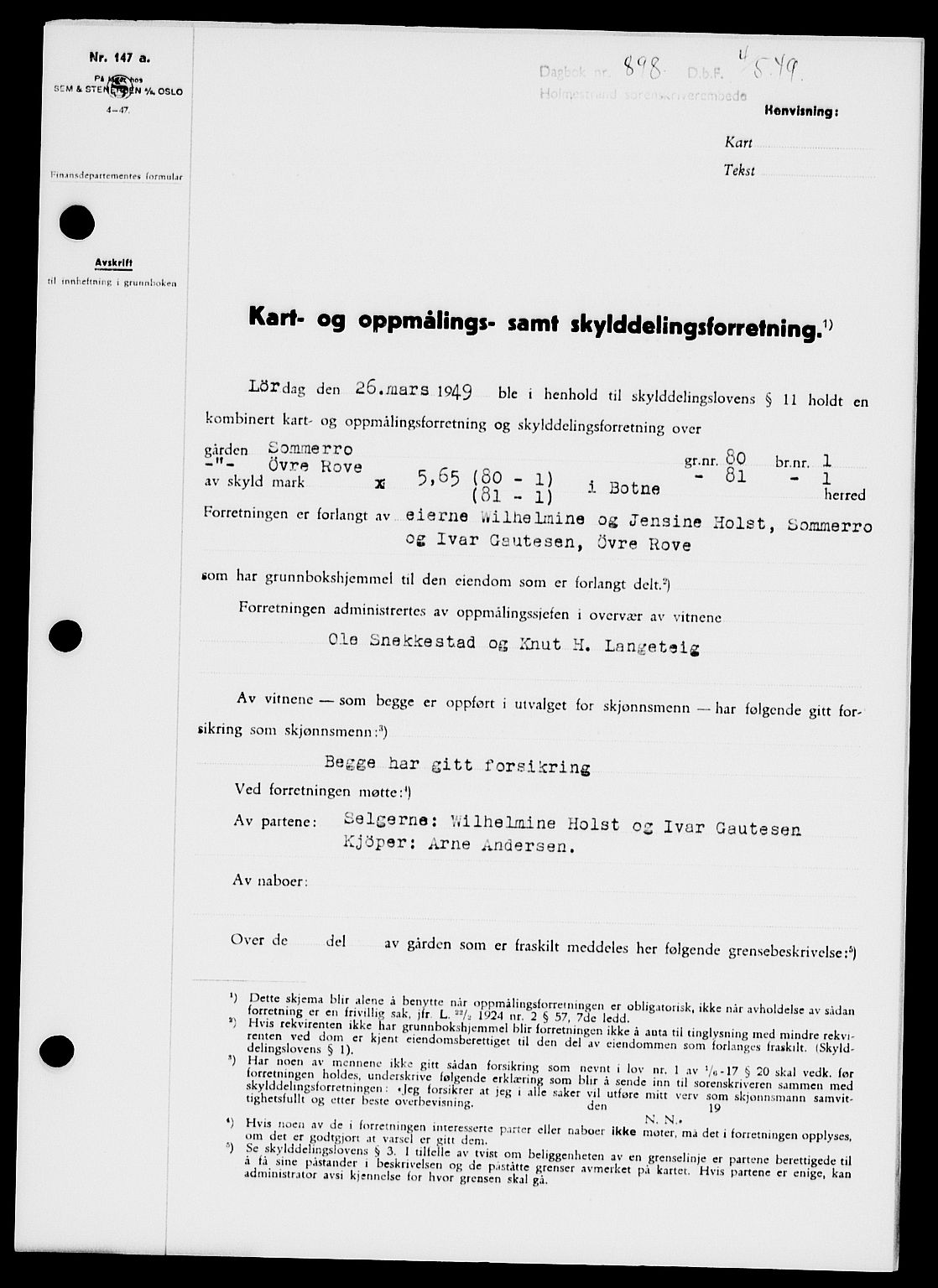 Holmestrand sorenskriveri, SAKO/A-67/G/Ga/Gaa/L0066: Pantebok nr. A-66, 1949-1949, Dagboknr: 898/1949
