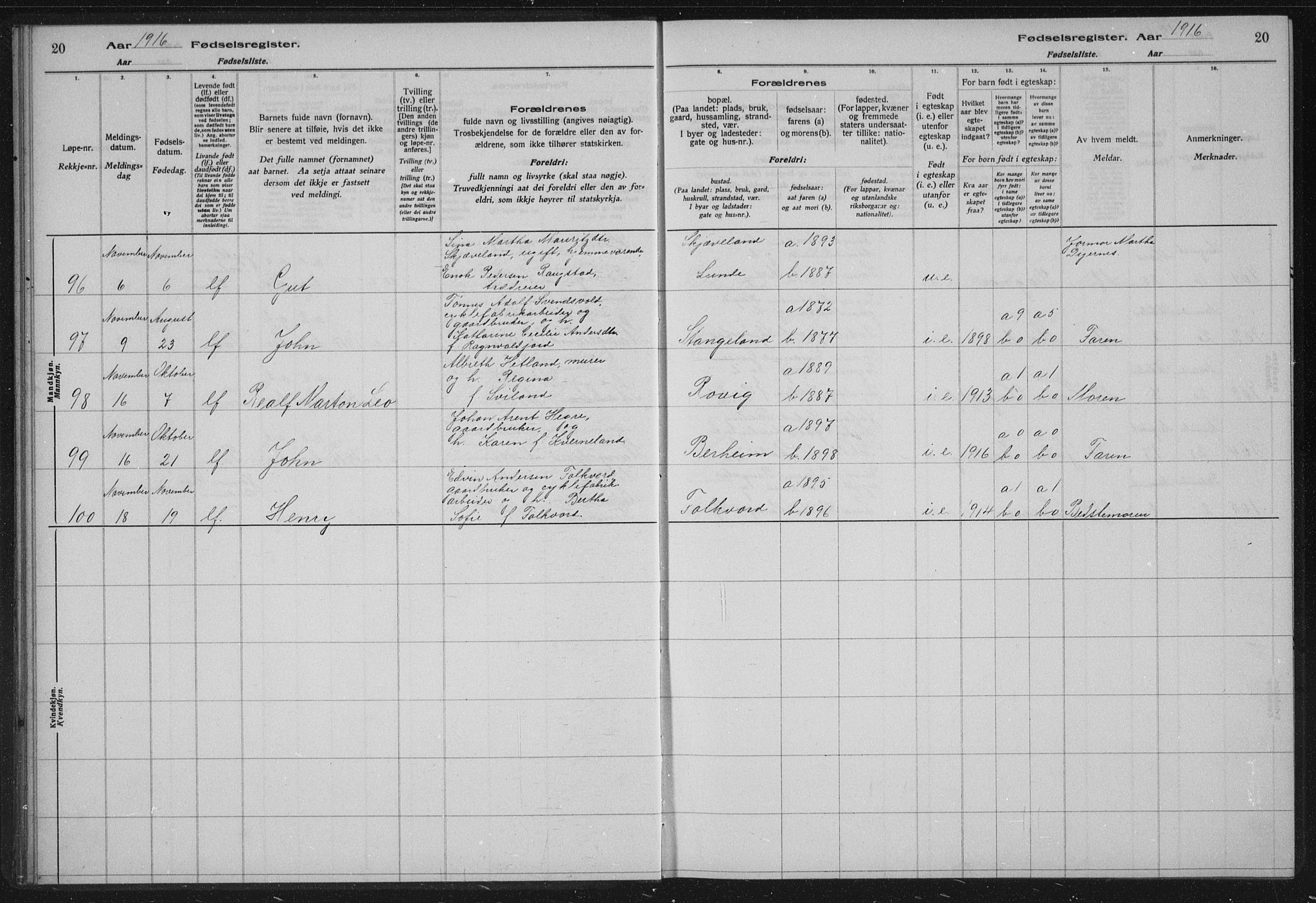 Høyland sokneprestkontor, AV/SAST-A-101799/002/O/L0001: Fødselsregister nr. 1, 1916-1924, s. 20