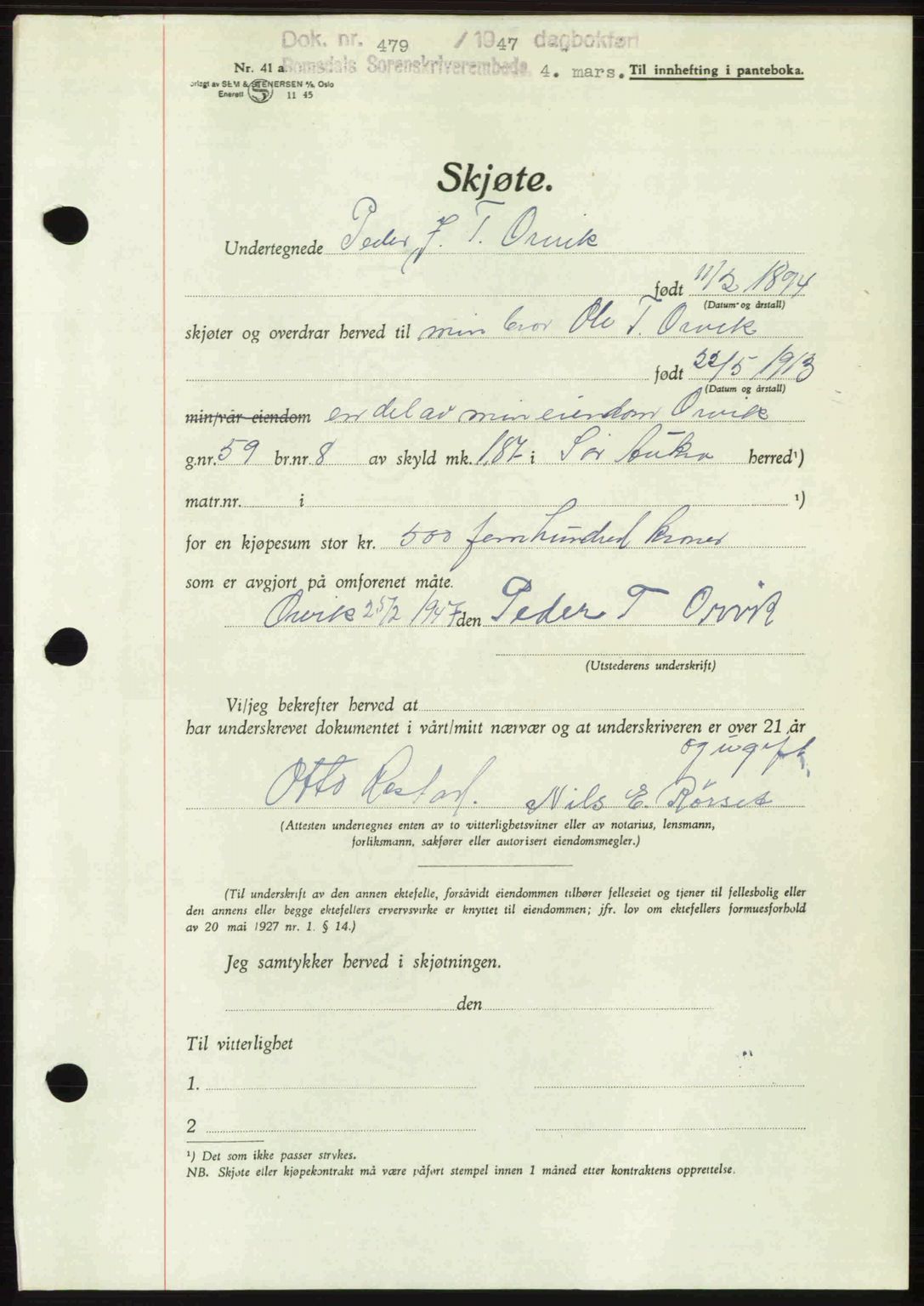 Romsdal sorenskriveri, AV/SAT-A-4149/1/2/2C: Pantebok nr. A22, 1947-1947, Dagboknr: 479/1947