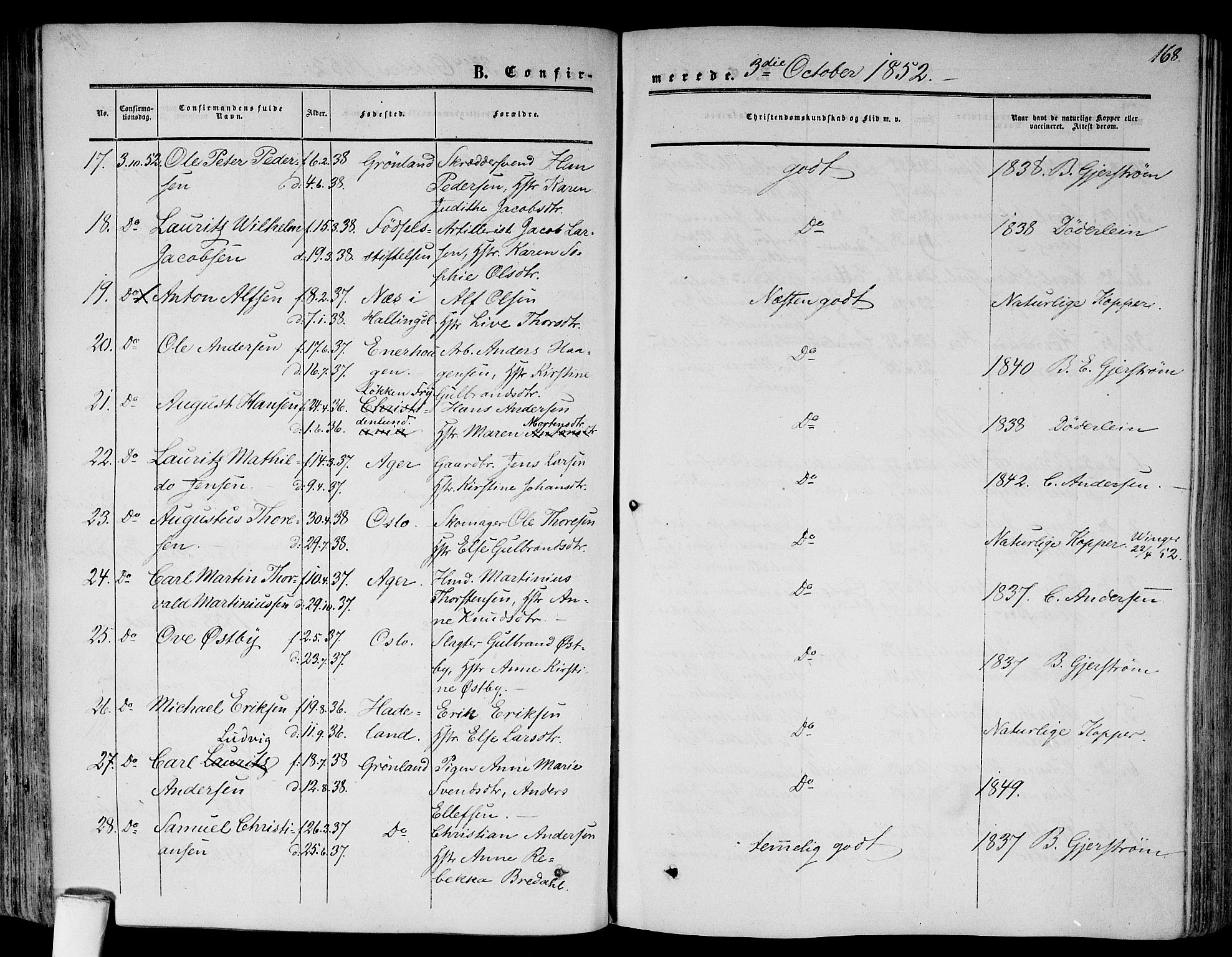 Gamlebyen prestekontor Kirkebøker, AV/SAO-A-10884/F/Fa/L0004: Ministerialbok nr. 4, 1850-1857, s. 168