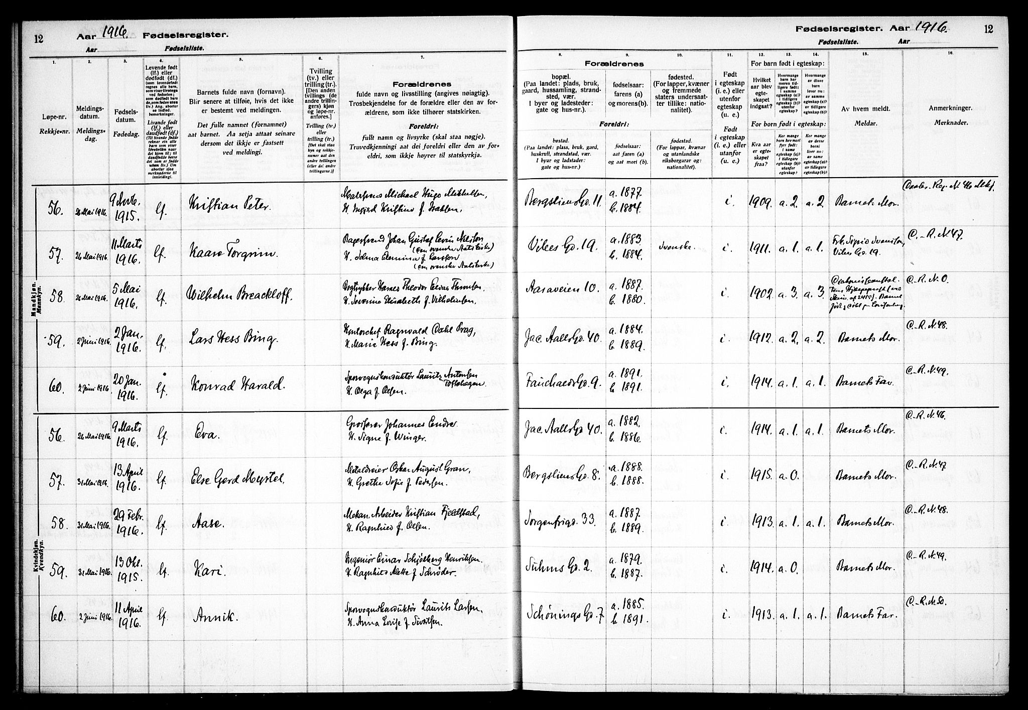 Fagerborg prestekontor Kirkebøker, AV/SAO-A-10844/J/Ja/L0001: Fødselsregister nr. 1, 1916-1925, s. 12