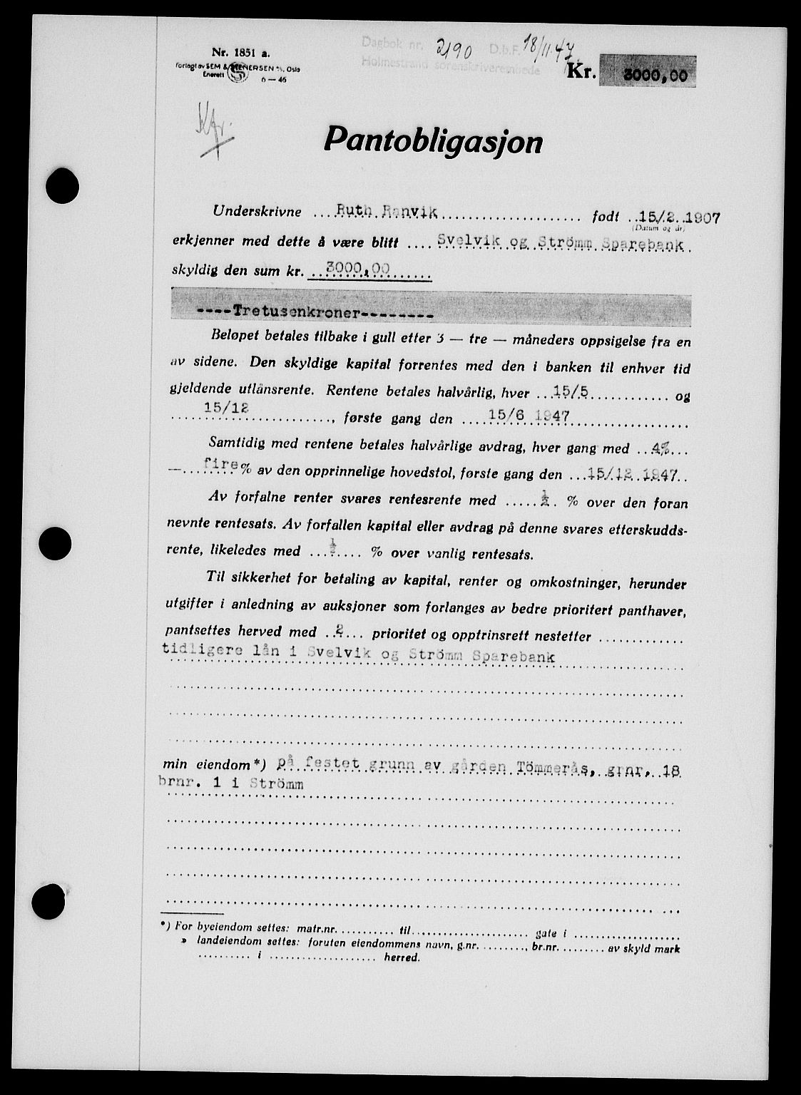 Holmestrand sorenskriveri, SAKO/A-67/G/Ga/Gab/L0058: Pantebok nr. B-58, 1947-1948, Dagboknr: 2190/1947