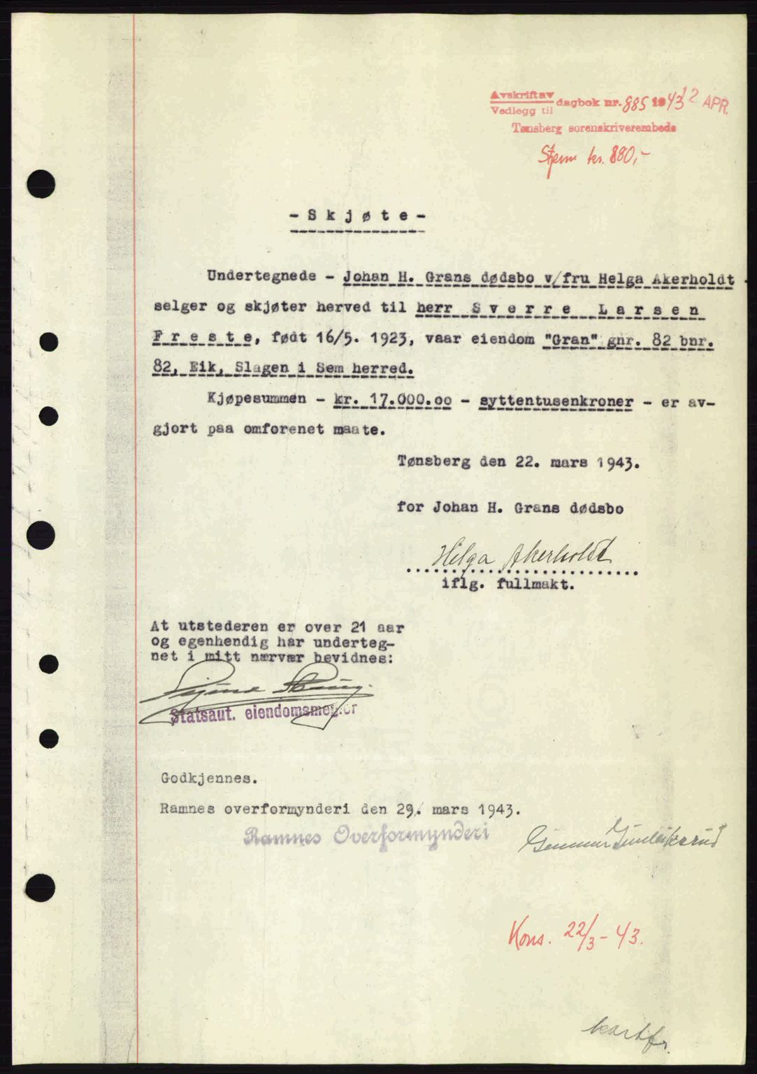 Jarlsberg sorenskriveri, SAKO/A-131/G/Ga/Gaa/L0013: Pantebok nr. A-13, 1942-1943, Dagboknr: 885/1943