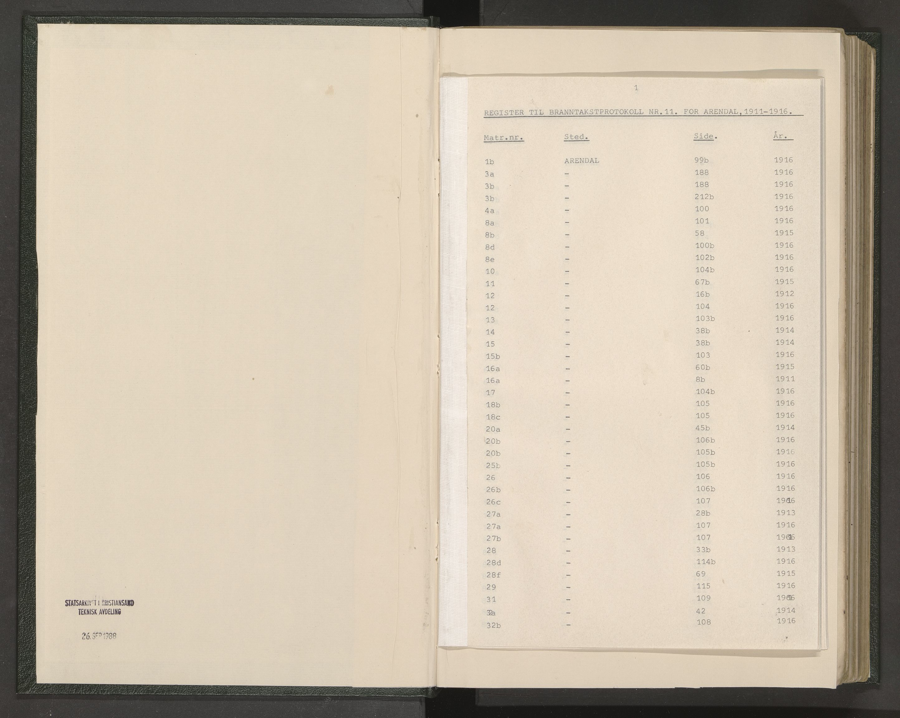 Norges Brannkasse Arendal, SAK/2241-0002/F/Fa/L0028: Branntakstprotokoll nr. 26 med matrikkelnummerregister, 1911-1916