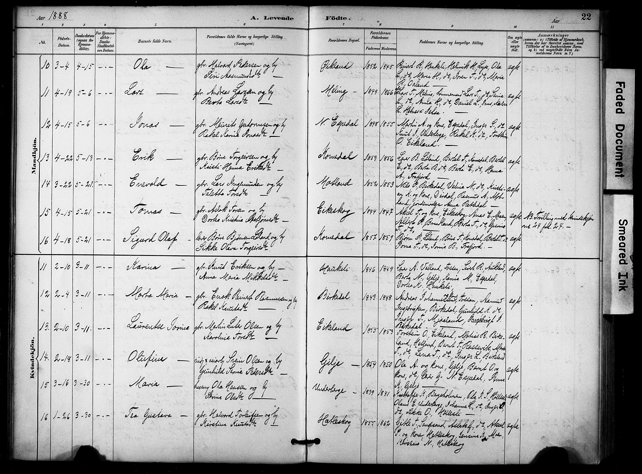 Høgsfjord sokneprestkontor, AV/SAST-A-101624/H/Ha/Haa/L0006: Ministerialbok nr. A 6, 1885-1897, s. 22