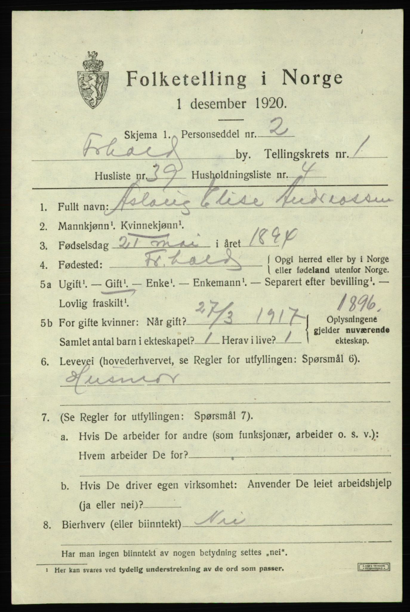 SAO, Folketelling 1920 for 0101 Fredrikshald kjøpstad, 1920, s. 8869