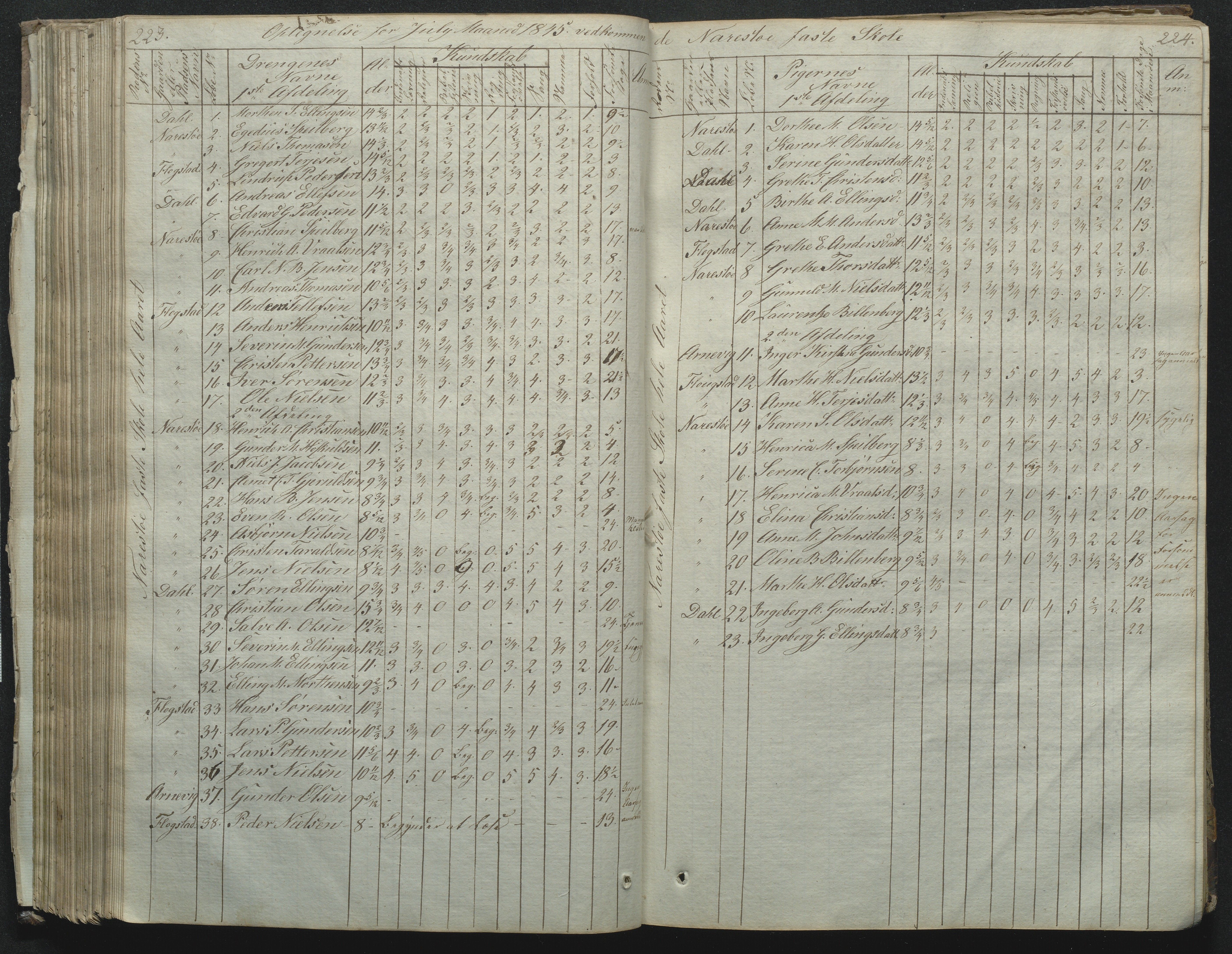 Flosta kommune, Narestø skole, AAKS/KA0916-550c/F2/L0001: Skoleprotokoll for Naresø faste skole, 1829-1862, s. 223-224