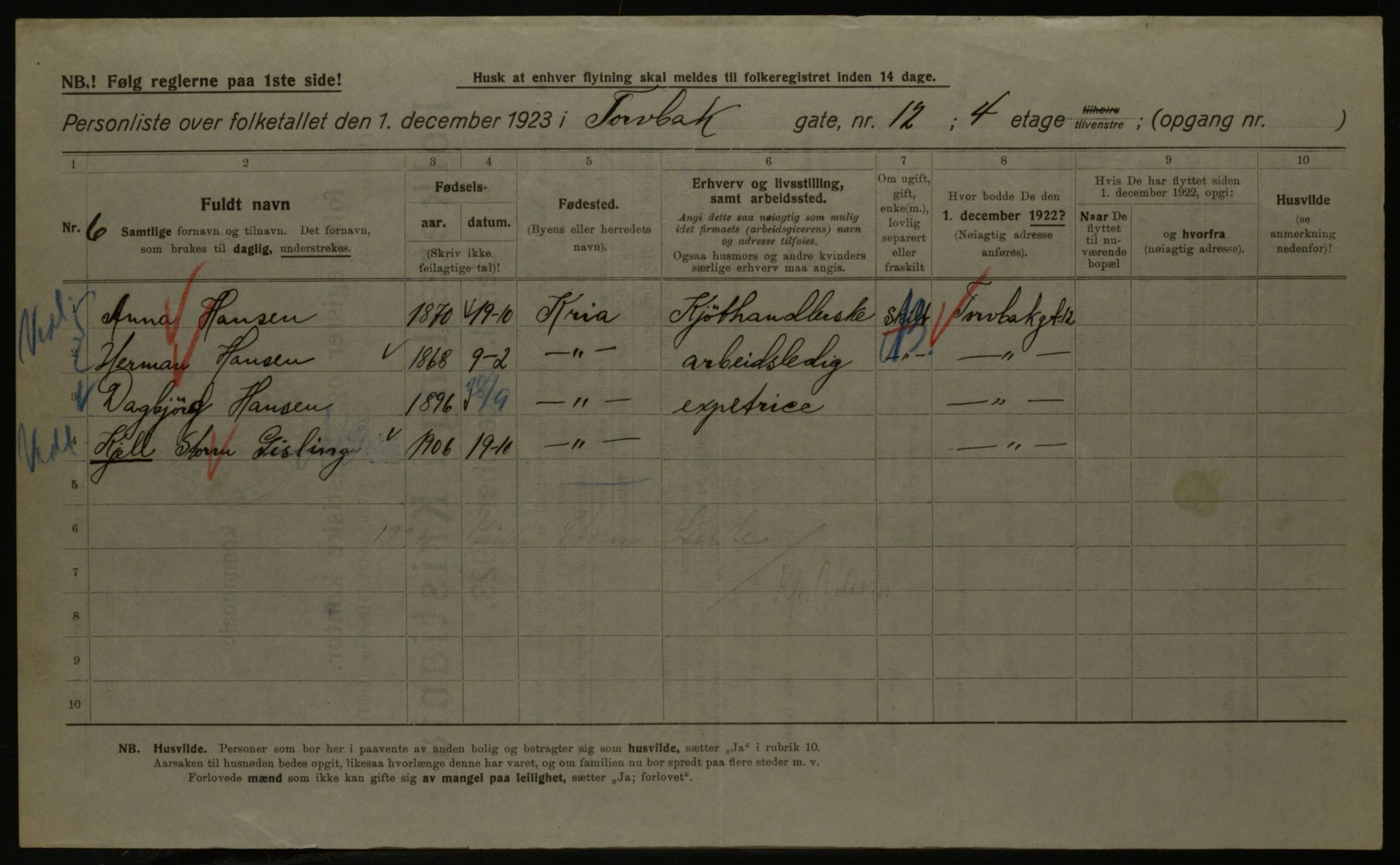 OBA, Kommunal folketelling 1.12.1923 for Kristiania, 1923, s. 126912