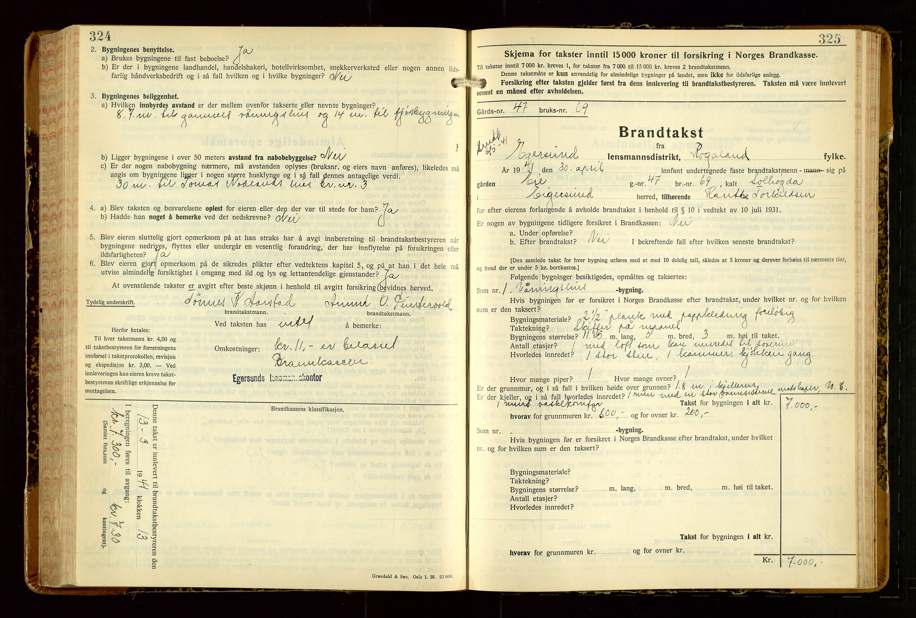 Eigersund lensmannskontor, AV/SAST-A-100171/Gob/L0007: "Brandtakstprotokoll", 1938-1955, s. 324-325