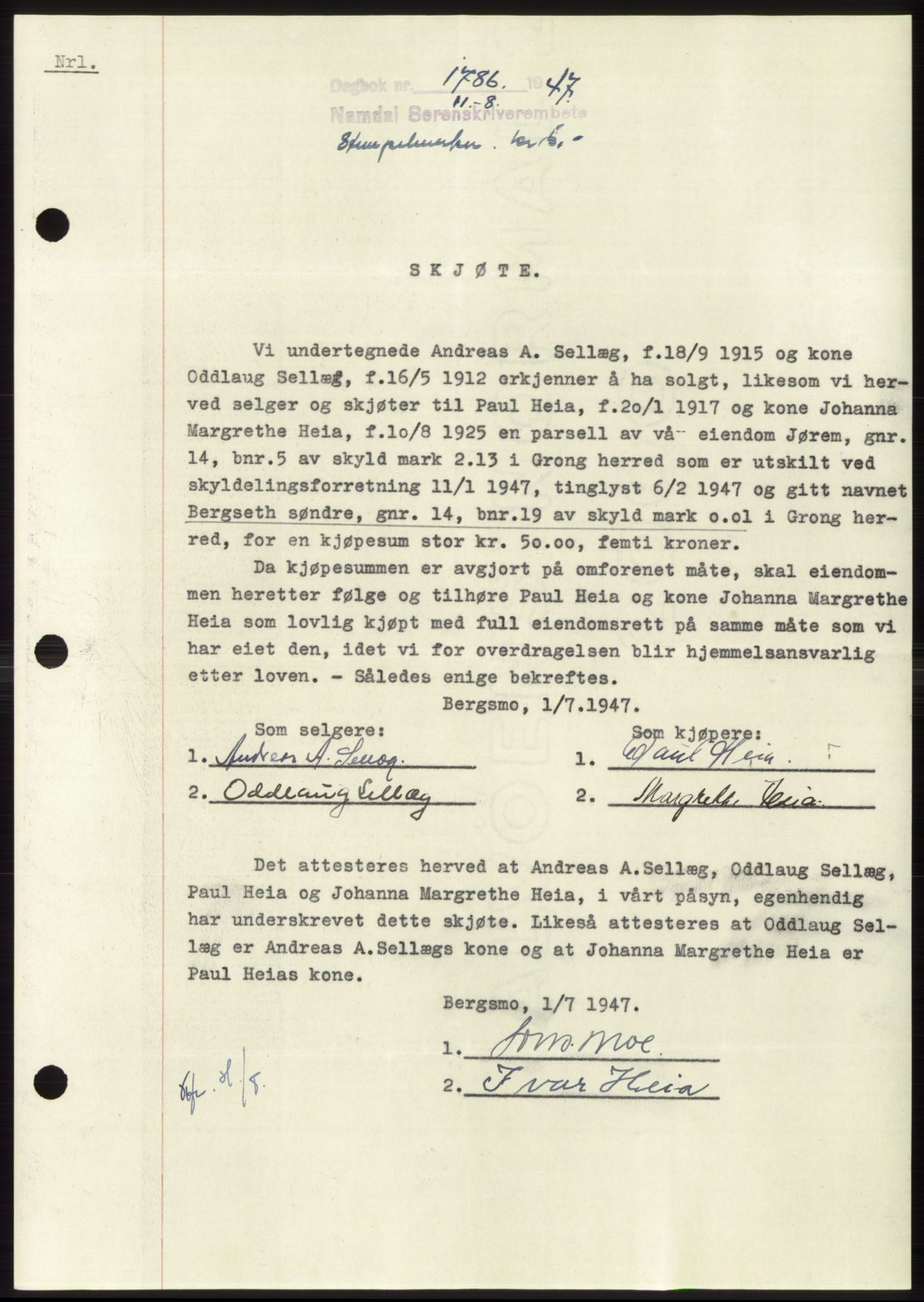 Namdal sorenskriveri, SAT/A-4133/1/2/2C: Pantebok nr. -, 1947-1947, Dagboknr: 1786/1947