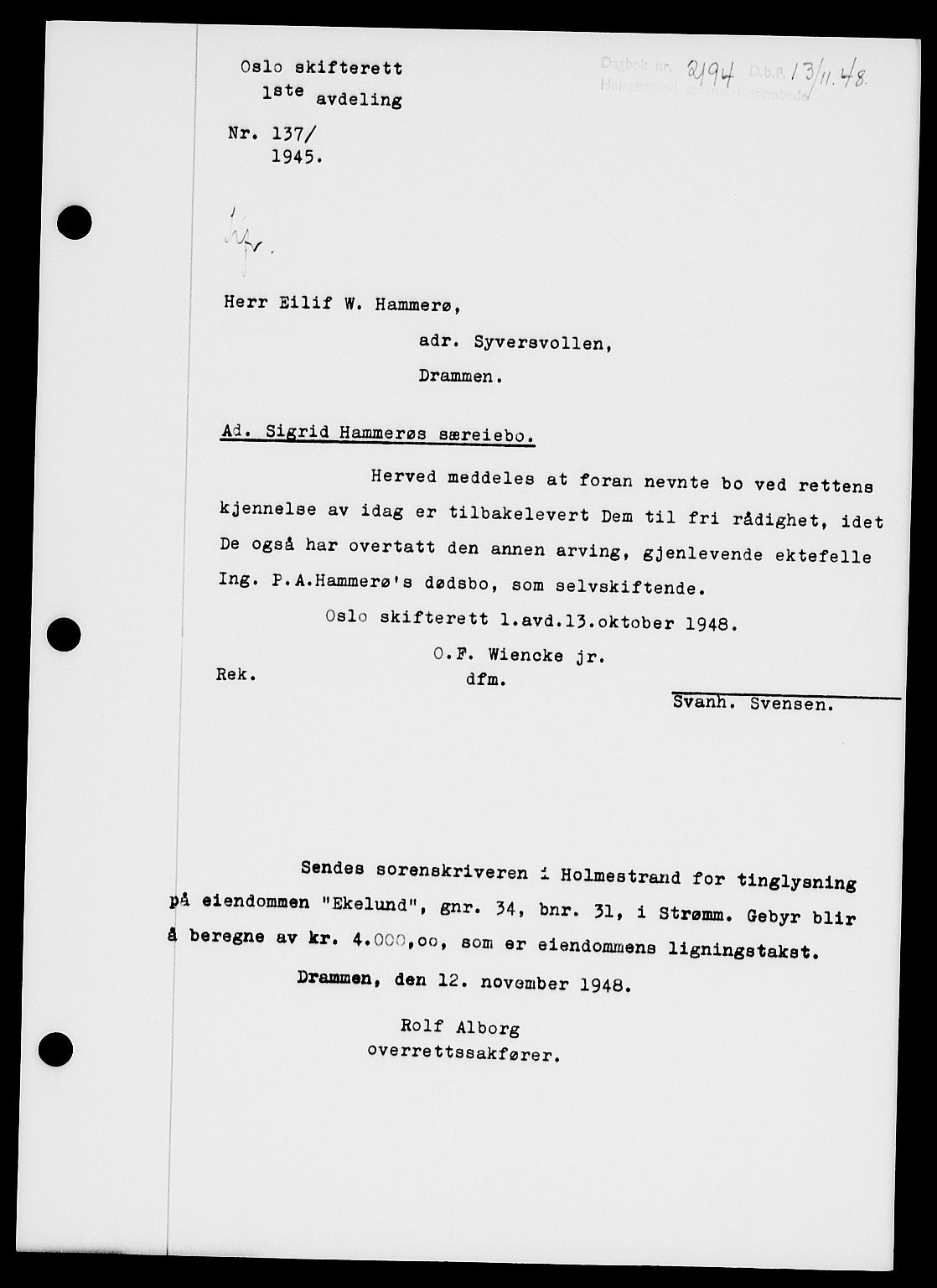 Holmestrand sorenskriveri, SAKO/A-67/G/Ga/Gaa/L0065: Pantebok nr. A-65, 1948-1949, Dagboknr: 2194/1948