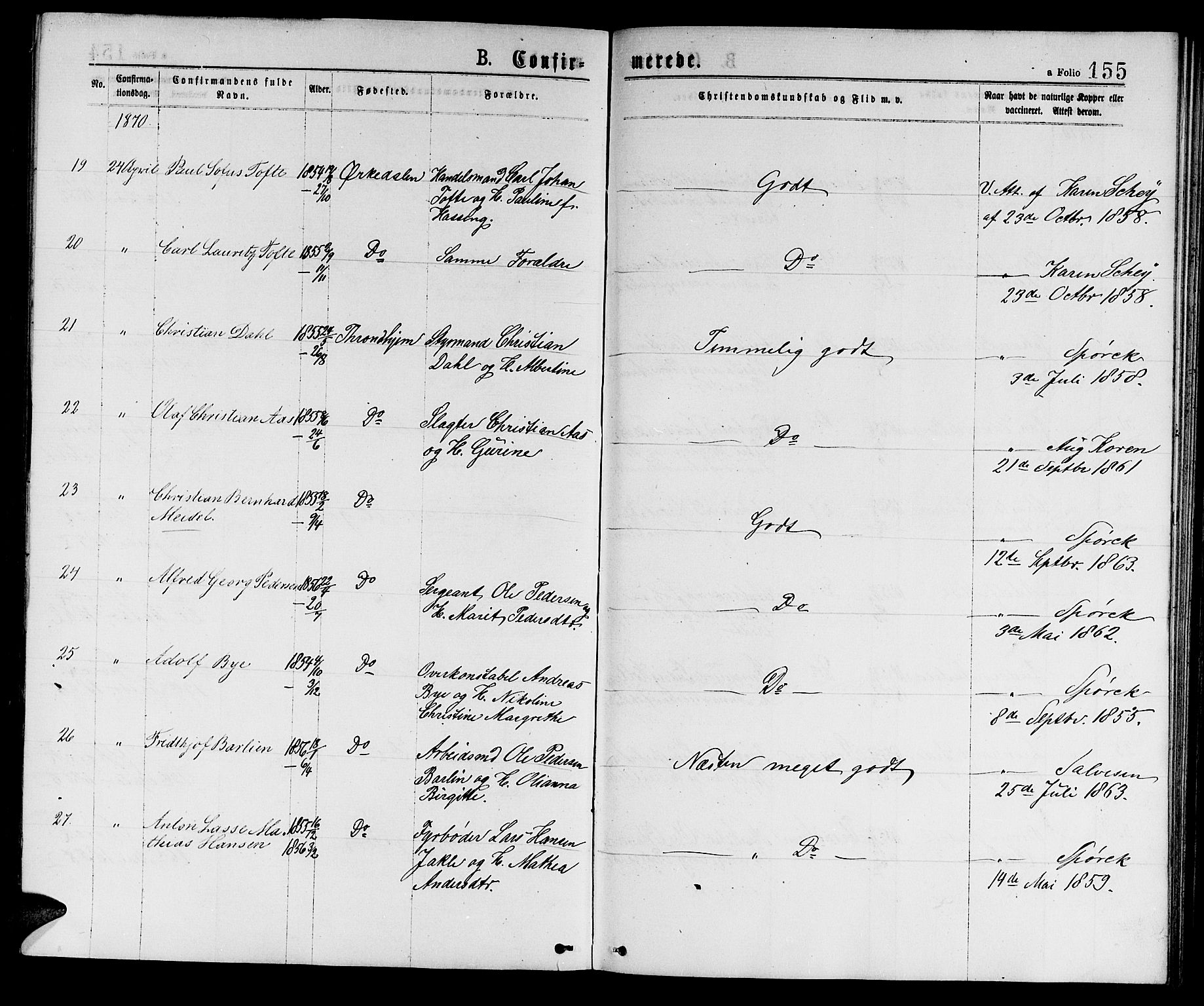 Ministerialprotokoller, klokkerbøker og fødselsregistre - Sør-Trøndelag, SAT/A-1456/601/L0088: Klokkerbok nr. 601C06, 1870-1878, s. 155
