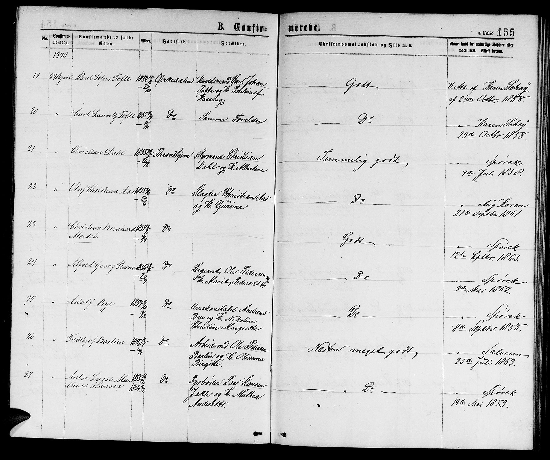 Ministerialprotokoller, klokkerbøker og fødselsregistre - Sør-Trøndelag, AV/SAT-A-1456/601/L0088: Klokkerbok nr. 601C06, 1870-1878, s. 155