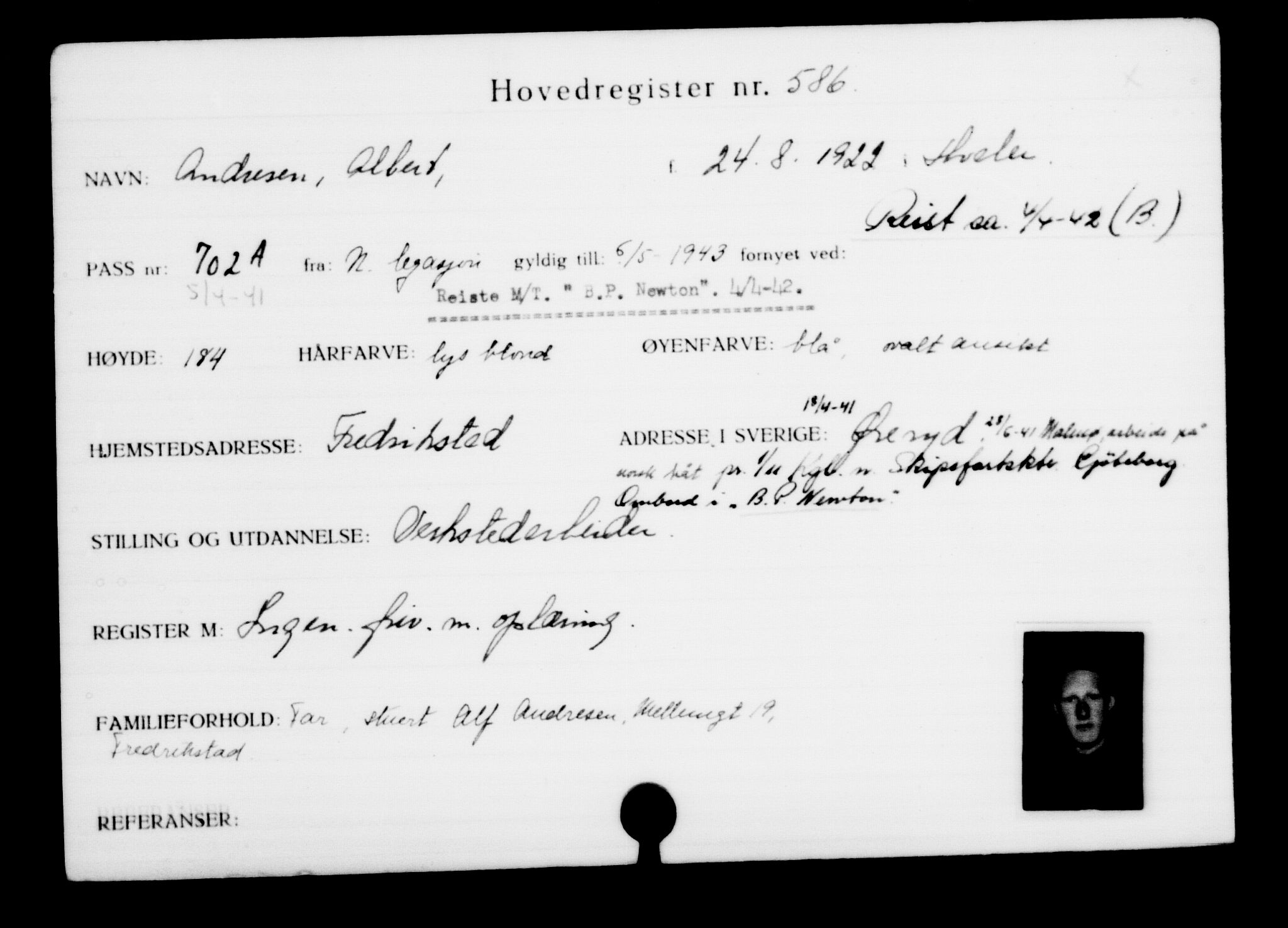 Utenriksstasjonene, Legasjonen i Stockholm, Flyktningkontoret, AV/RA-S-6753/V/Va/L0001: Kjesäterkartoteket, flyktninger med registreringsnr. 1-1000, 1940-1945, s. 913