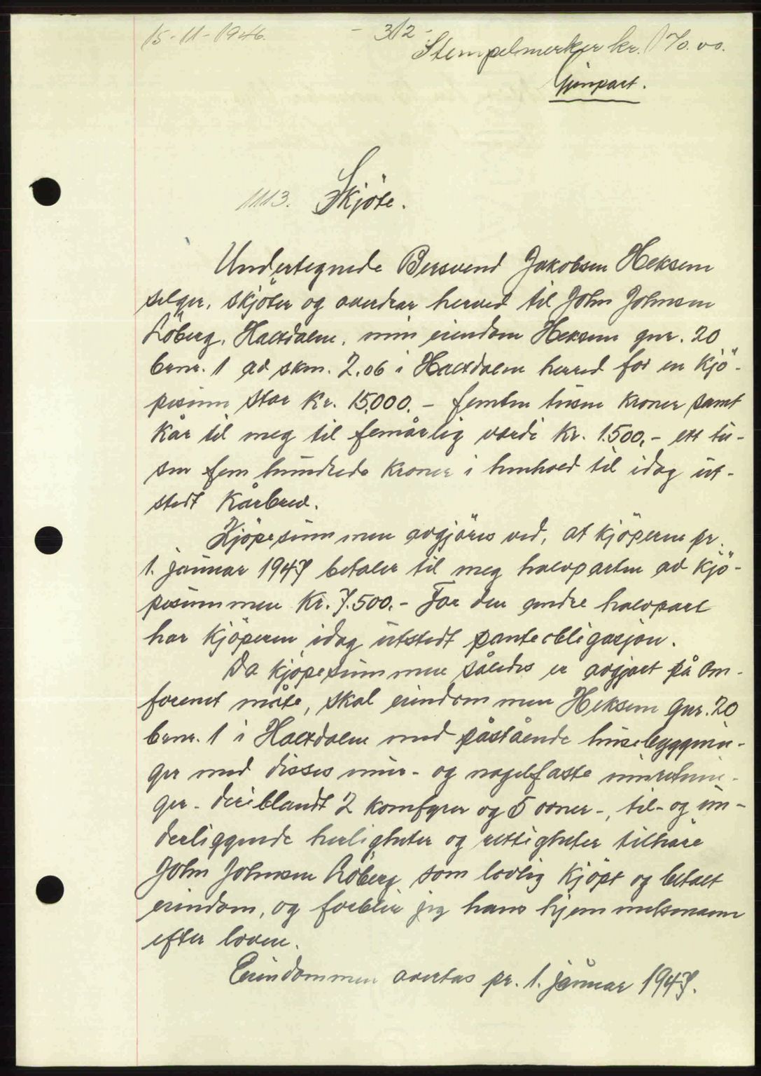 Gauldal sorenskriveri, SAT/A-0014/1/2/2C: Pantebok nr. A2, 1946-1946, Dagboknr: 1113/1946