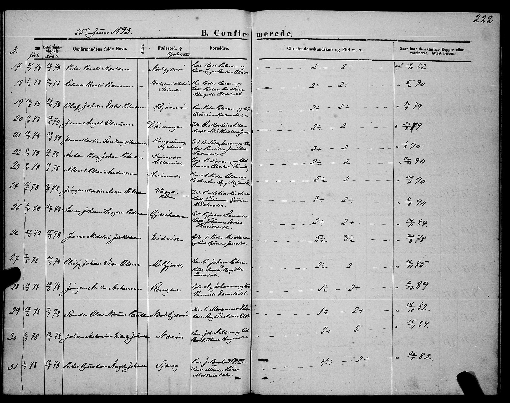 Ministerialprotokoller, klokkerbøker og fødselsregistre - Nordland, SAT/A-1459/841/L0620: Klokkerbok nr. 841C04, 1877-1896, s. 222