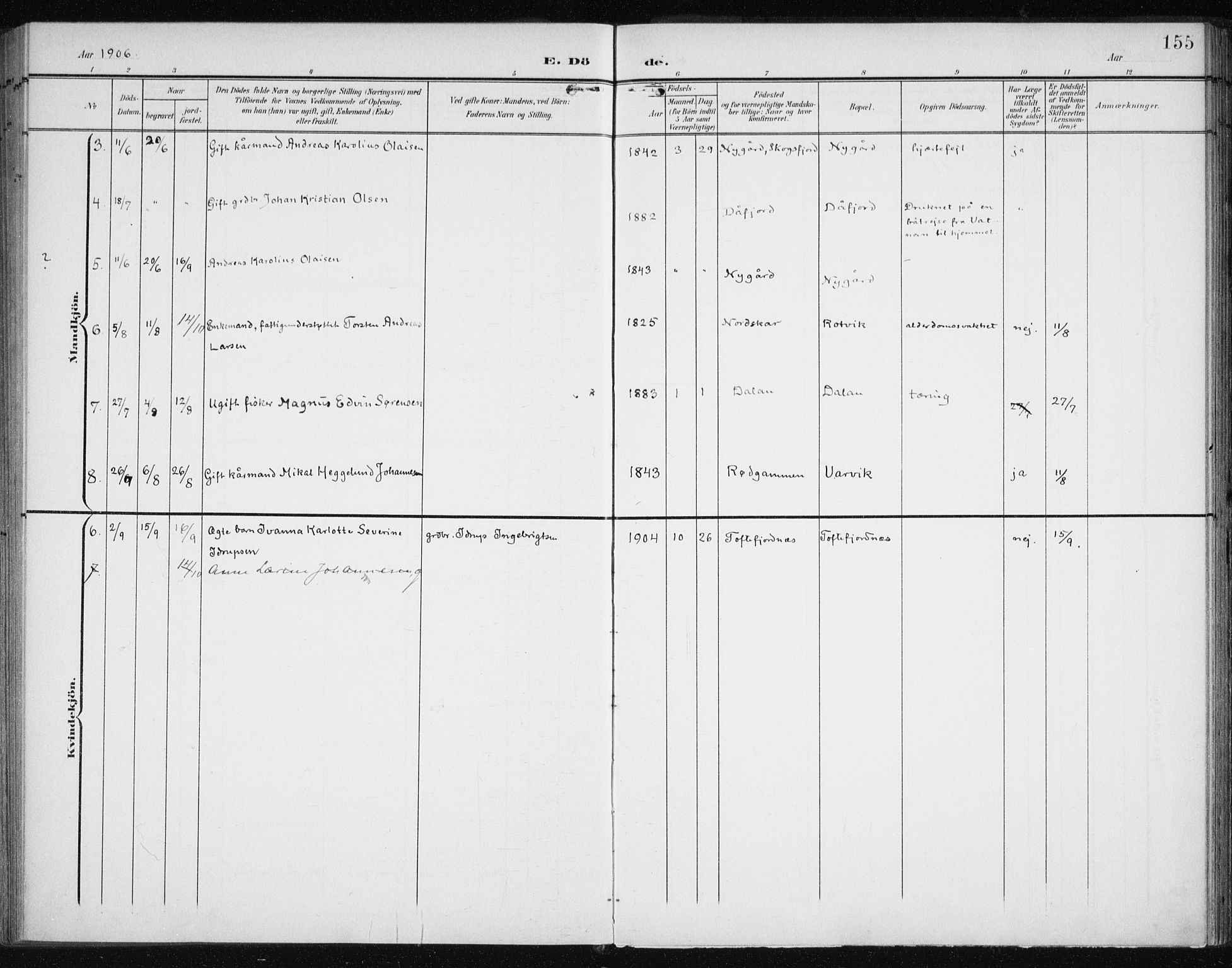 Karlsøy sokneprestembete, AV/SATØ-S-1299/H/Ha/Haa/L0013kirke: Ministerialbok nr. 13, 1902-1916, s. 155