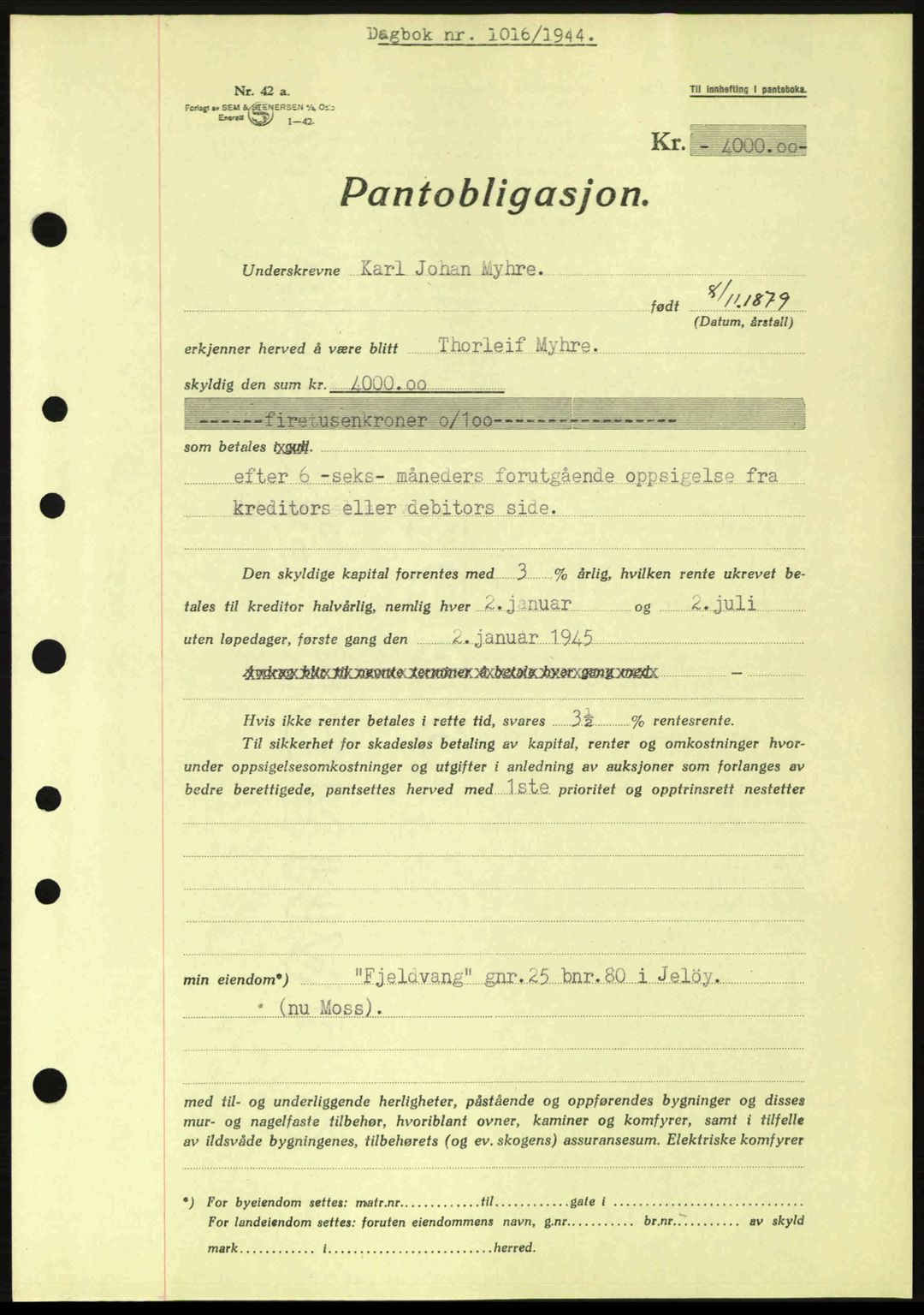 Moss sorenskriveri, SAO/A-10168: Pantebok nr. B13, 1943-1945, Dagboknr: 1016/1944