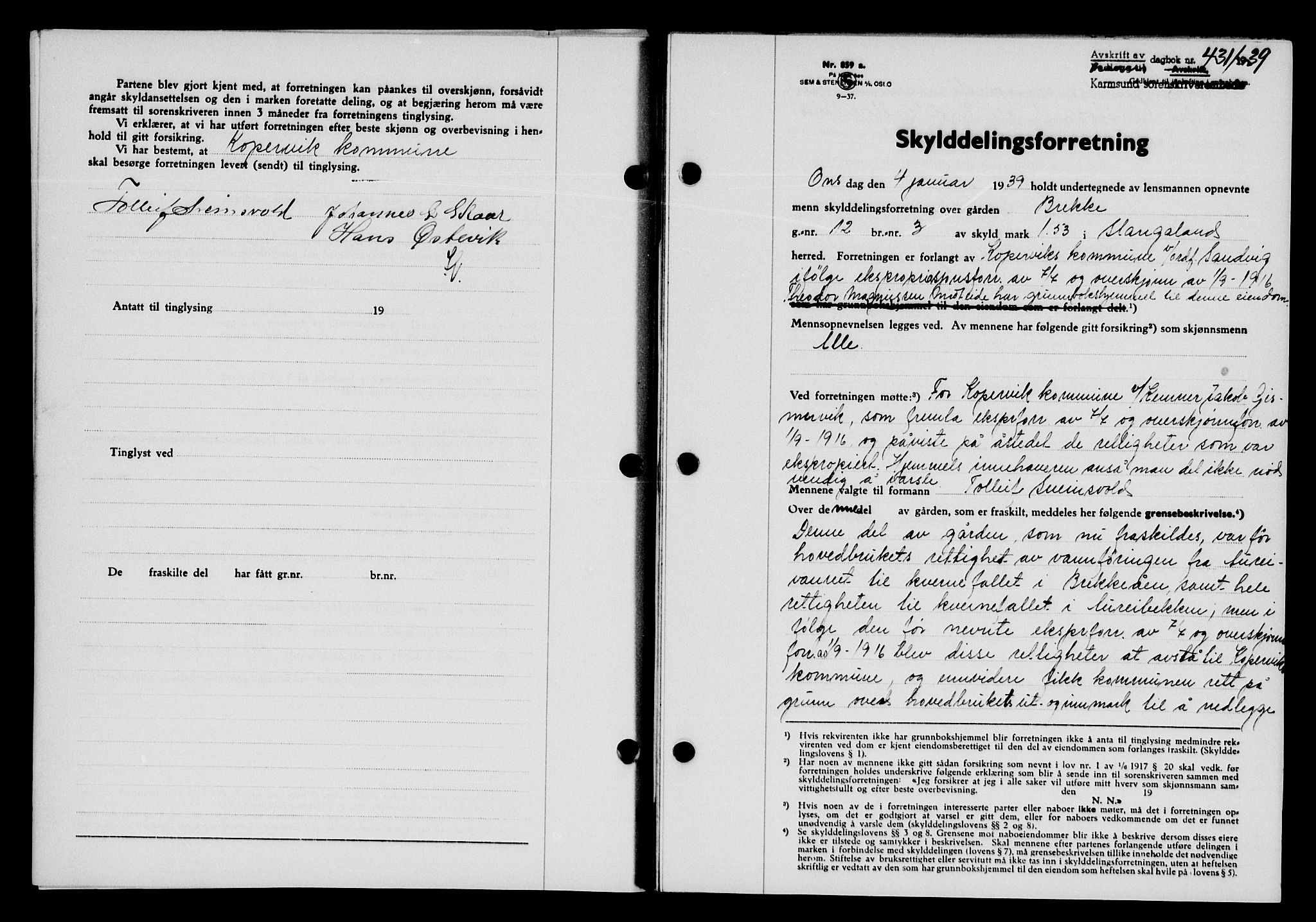 Karmsund sorenskriveri, SAST/A-100311/01/II/IIB/L0071: Pantebok nr. 52A, 1939-1939, Dagboknr: 431/1939