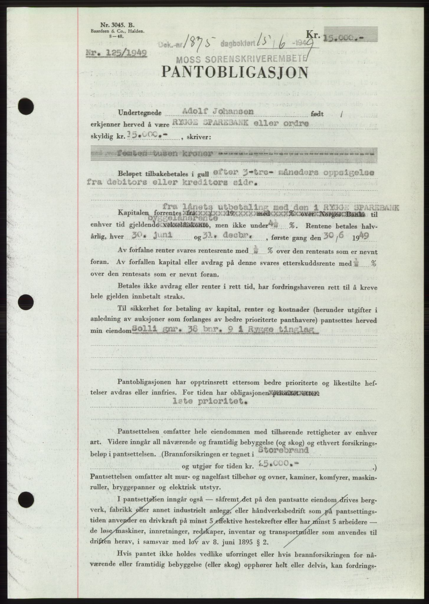 Moss sorenskriveri, SAO/A-10168: Pantebok nr. B22, 1949-1949, Dagboknr: 1875/1949