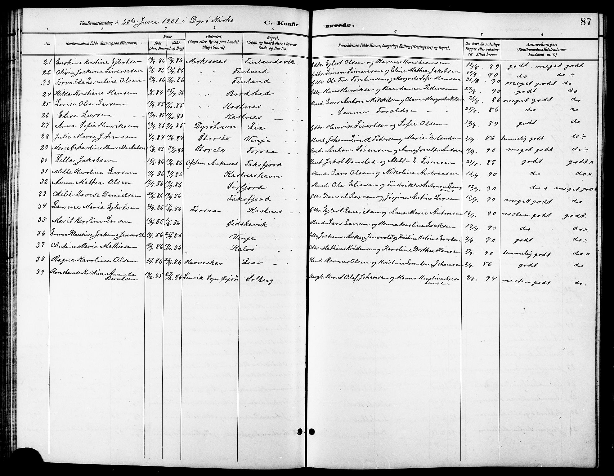 Tranøy sokneprestkontor, AV/SATØ-S-1313/I/Ia/Iab/L0014klokker: Klokkerbok nr. 14, 1896-1918, s. 87