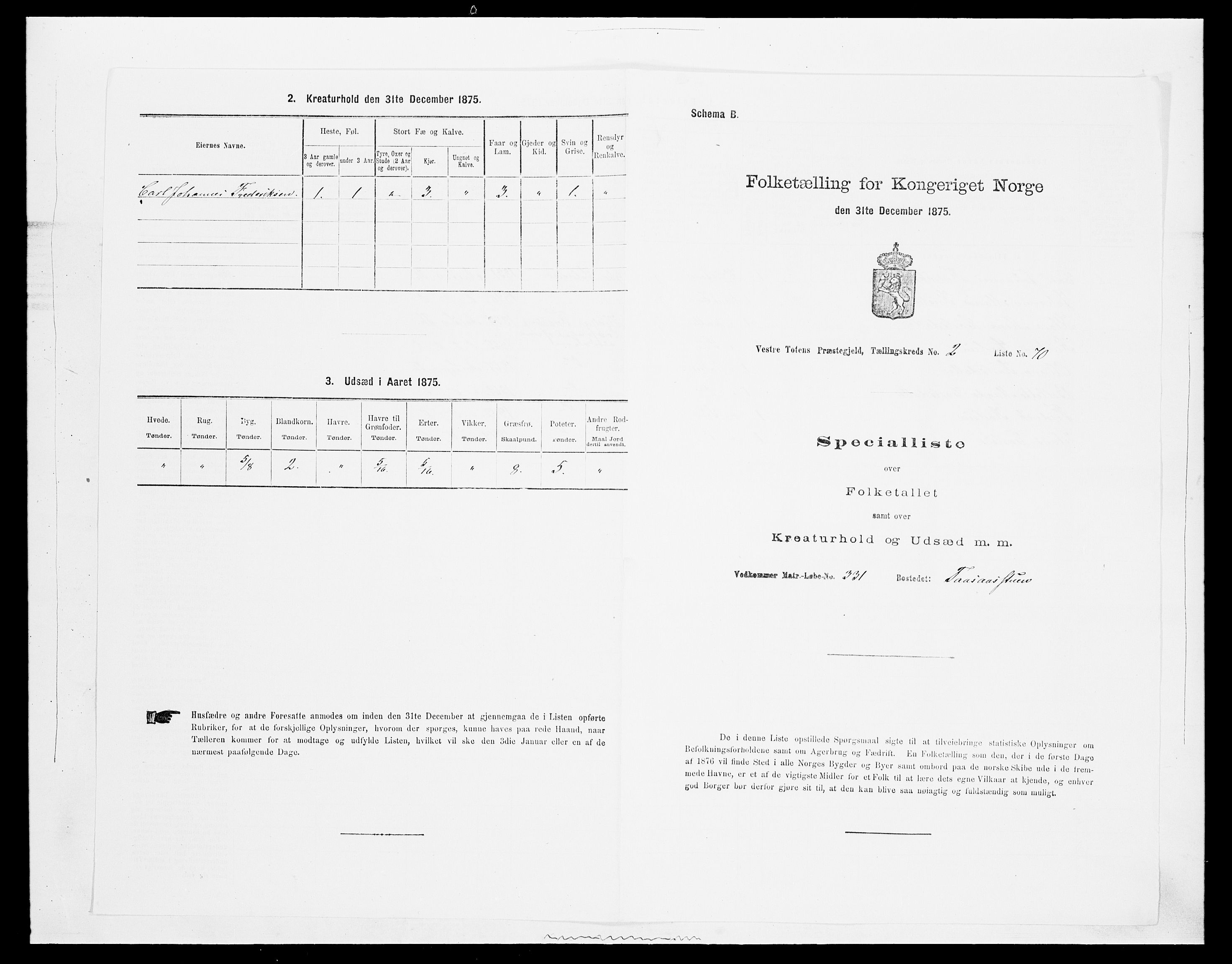 SAH, Folketelling 1875 for 0529P Vestre Toten prestegjeld, 1875, s. 568