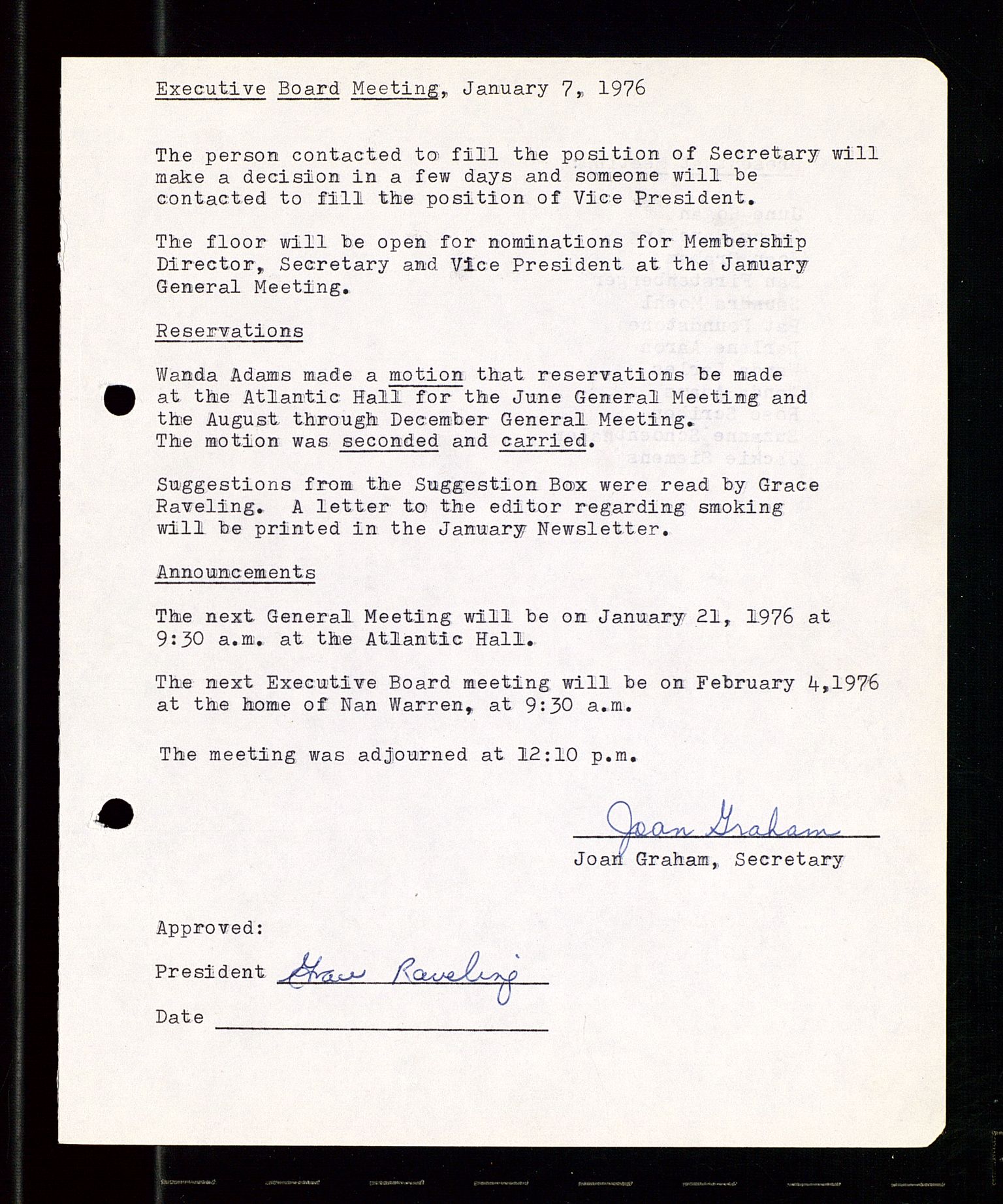 PA 1547 - Petroleum Wives Club, AV/SAST-A-101974/A/Aa/L0001: Board and General Meeting, 1970-1983