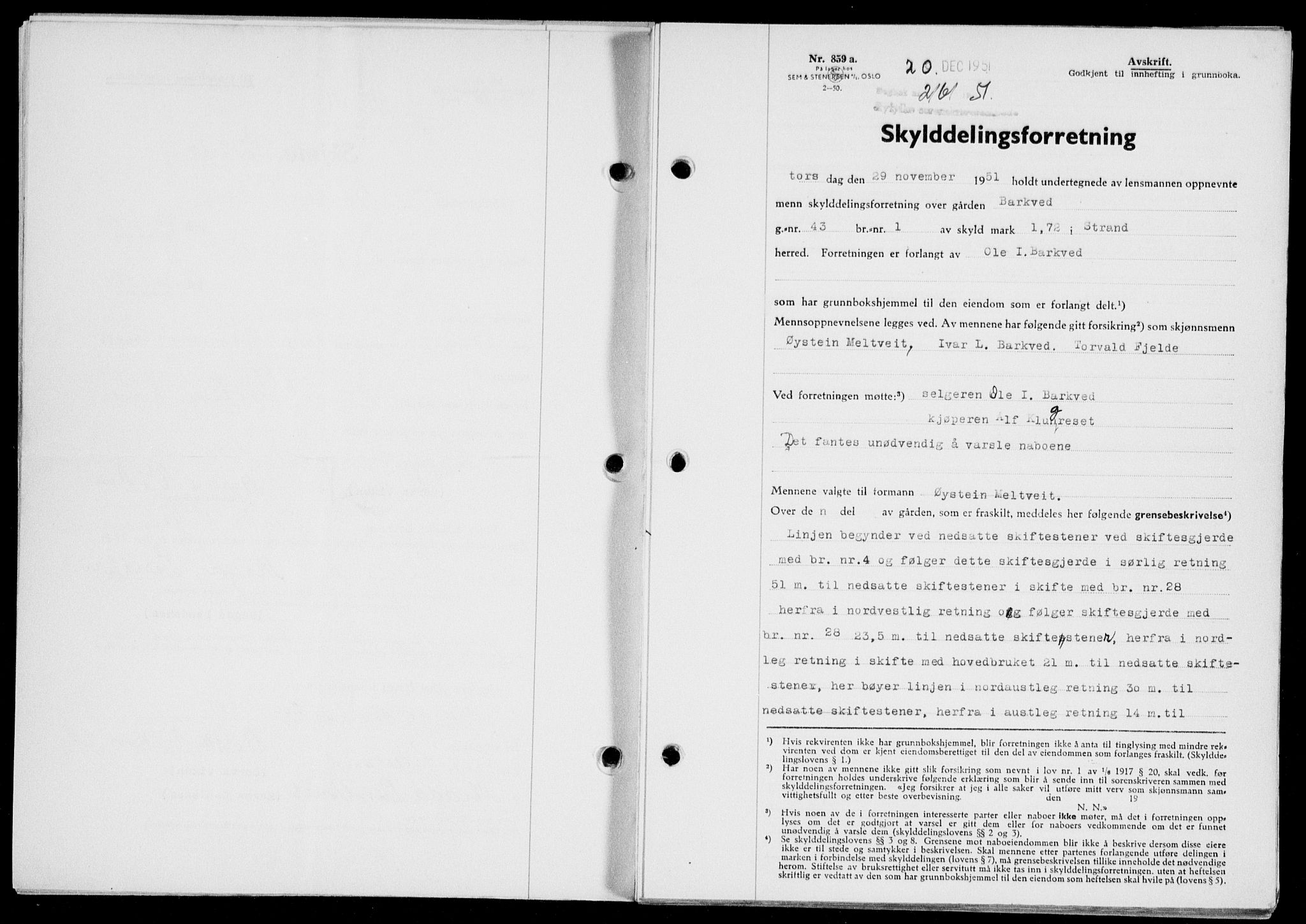 Ryfylke tingrett, SAST/A-100055/001/II/IIB/L0116: Pantebok nr. 95, 1951-1952, Dagboknr: 2161/1951