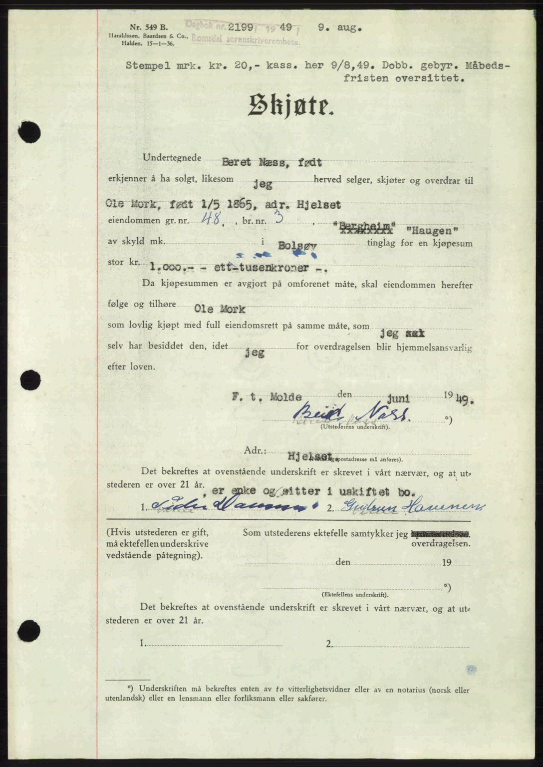 Romsdal sorenskriveri, AV/SAT-A-4149/1/2/2C: Pantebok nr. A30, 1949-1949, Dagboknr: 2199/1949