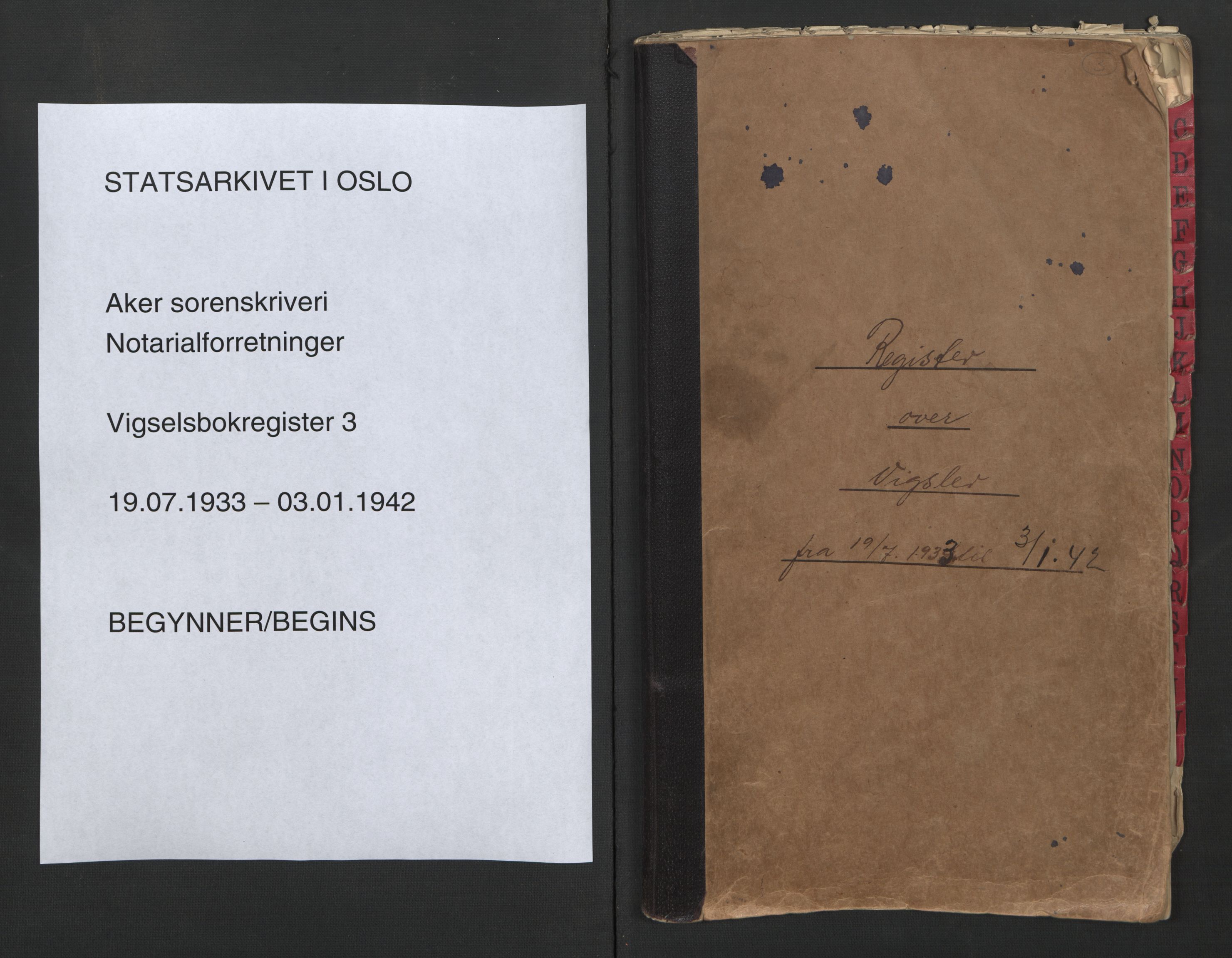 Aker sorenskriveri, SAO/A-10895/L/Lc/Lca/L0001/0003: Register til vigselprotokoll / Register, 1933-1942