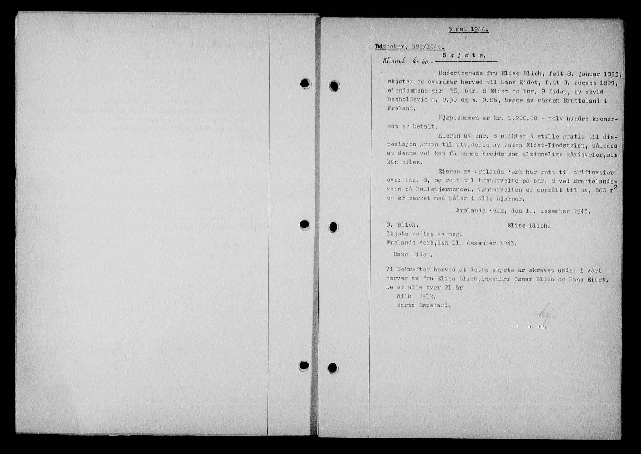 Nedenes sorenskriveri, SAK/1221-0006/G/Gb/Gba/L0051: Pantebok nr. A-V, 1943-1944, Dagboknr: 382/1944