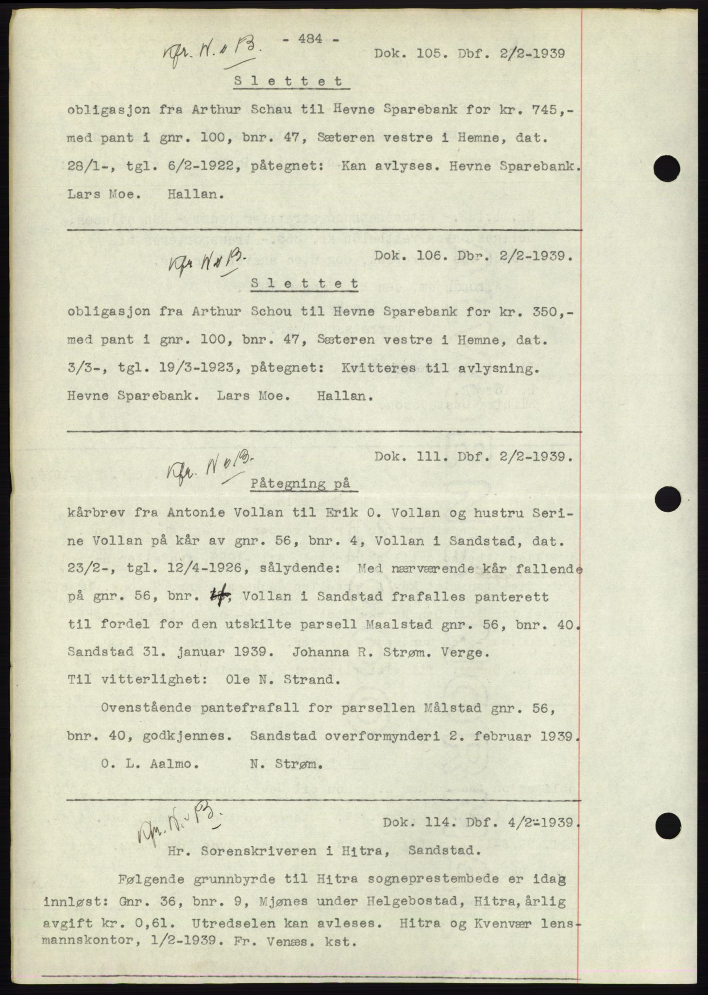 Hitra sorenskriveri, AV/SAT-A-0018/2/2C/2Ca: Pantebok nr. C1, 1936-1945, Dagboknr: 105/1939