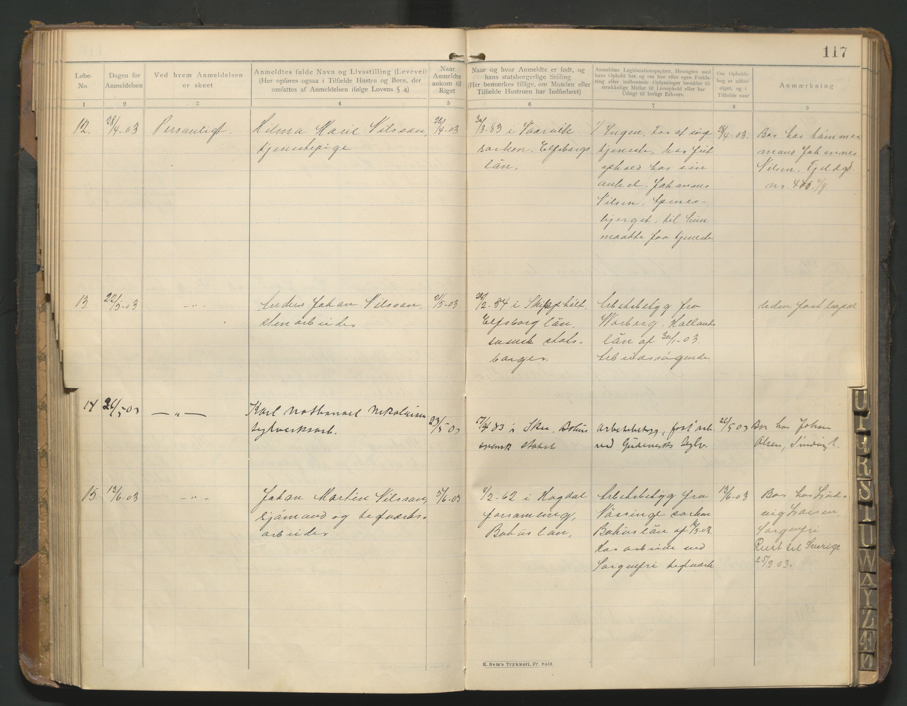 Fredrikstad politikammer, AV/SAO-A-10055/H/Hb/Hba/L0001: Protokoll over fremmede statsborgere, 1901-1916, s. 116b-117a