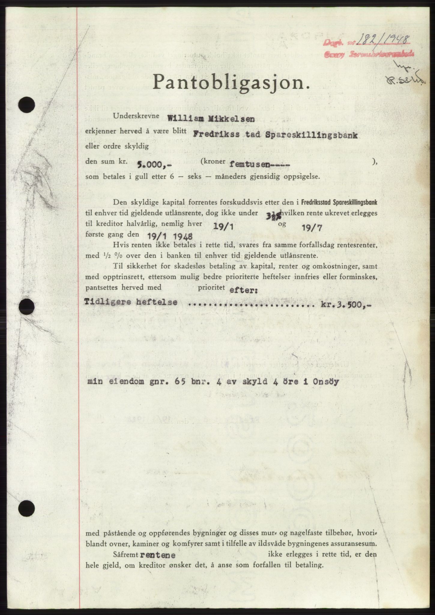 Onsøy sorenskriveri, SAO/A-10474/G/Ga/Gac/L0006: Pantebok nr. B 12-6, 1947-1948, Dagboknr: 182/1948