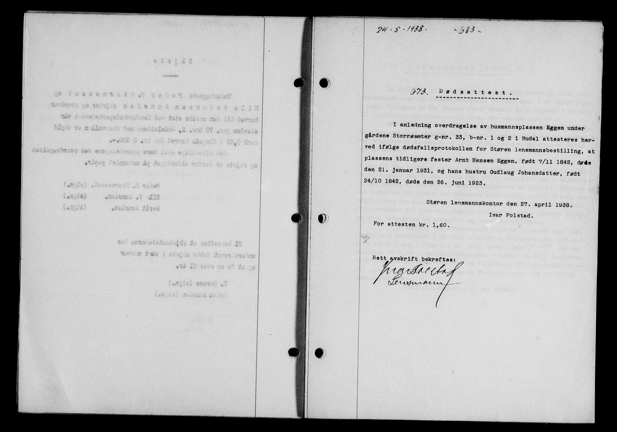 Gauldal sorenskriveri, SAT/A-0014/1/2/2C/L0048: Pantebok nr. 51-52, 1937-1938, s. 683, Dagboknr: 673/1938