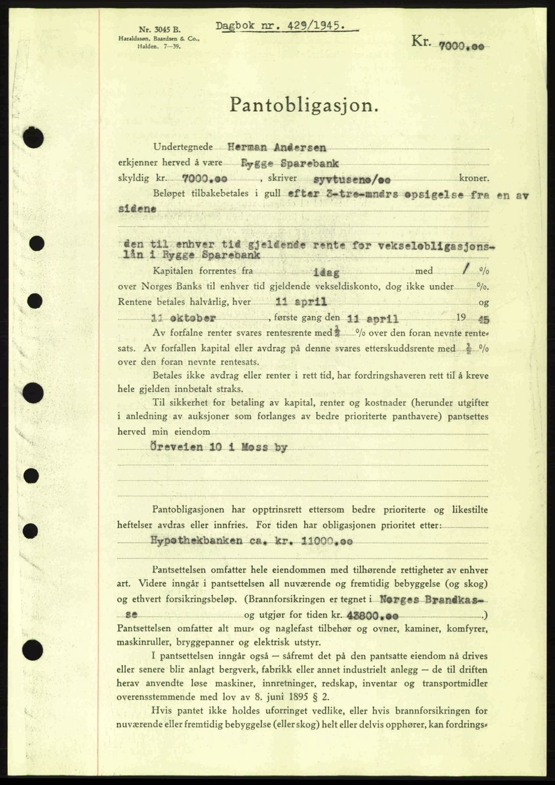 Moss sorenskriveri, SAO/A-10168: Pantebok nr. B13, 1943-1945, Dagboknr: 429/1945