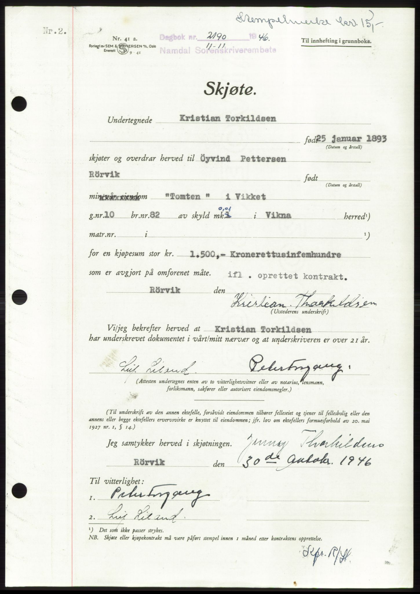 Namdal sorenskriveri, SAT/A-4133/1/2/2C: Pantebok nr. -, 1946-1947, Dagboknr: 2190/1946