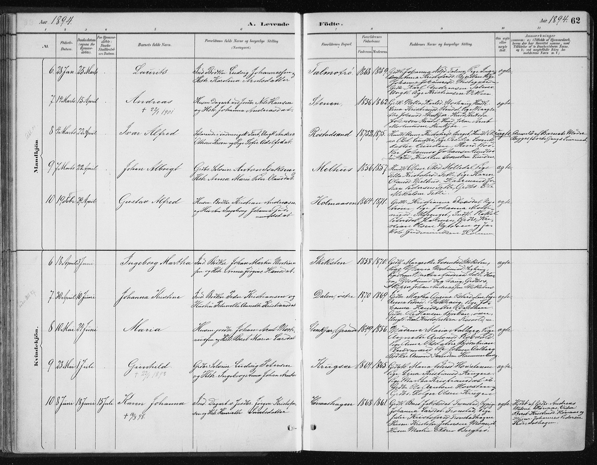Ministerialprotokoller, klokkerbøker og fødselsregistre - Nord-Trøndelag, SAT/A-1458/701/L0010: Ministerialbok nr. 701A10, 1883-1899, s. 62