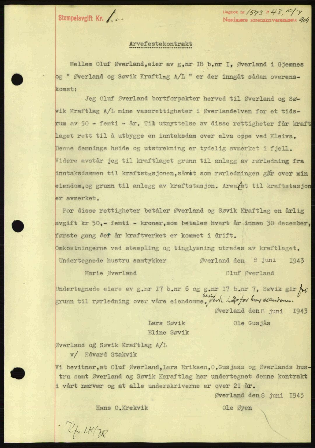 Nordmøre sorenskriveri, SAT/A-4132/1/2/2Ca: Pantebok nr. B90, 1942-1943, Dagboknr: 1593/1943