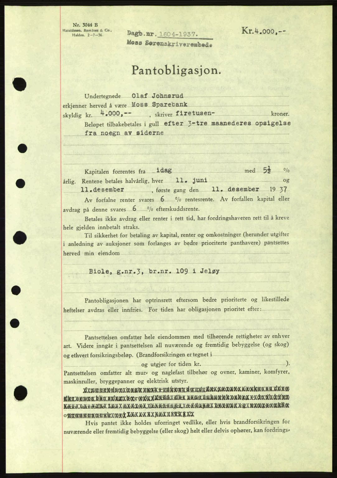 Moss sorenskriveri, SAO/A-10168: Pantebok nr. B4, 1937-1938, Dagboknr: 1604/1937